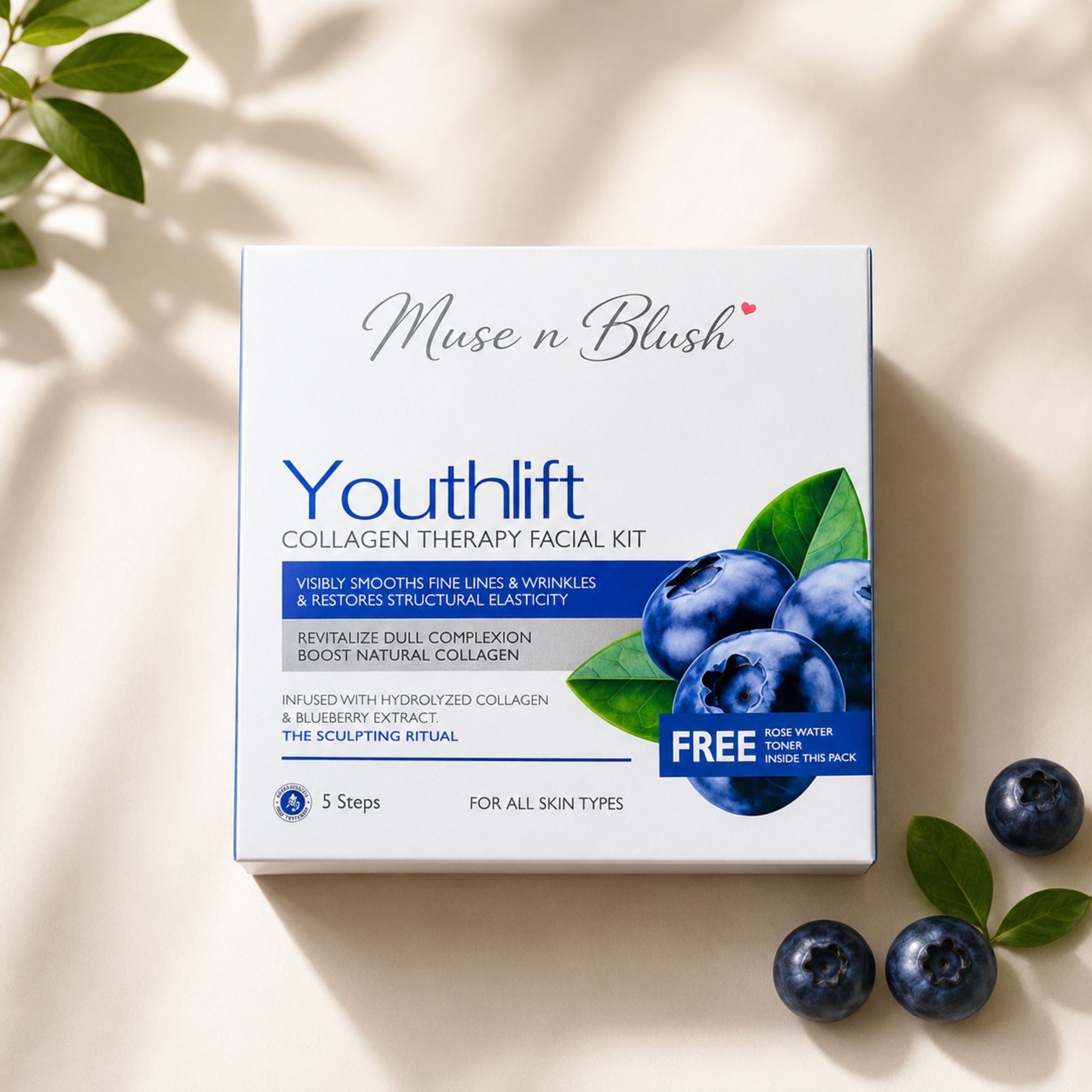 Muse n Blush Youthlift Collagen Therapy Facial Kit, 5 Step Facial Kit with Hydrolyzed Collagen & Blueberry Extract, for All Skin Types, 75 g + 100 ml English Rose Water