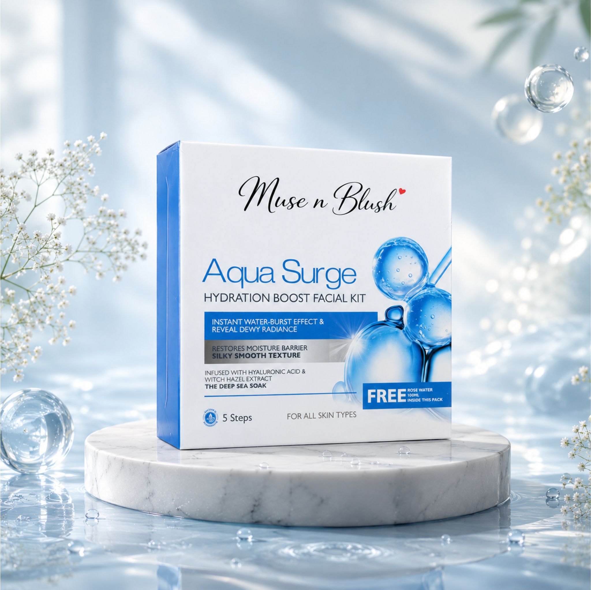 Muse n Blush Aqua Surge Hydration Boost Facial Kit, 5 Step Facial Kit with Hyaluronic Acid & Witch Hazel Extract, for All Skin Types, 75 g + 100 ml English Rose Water