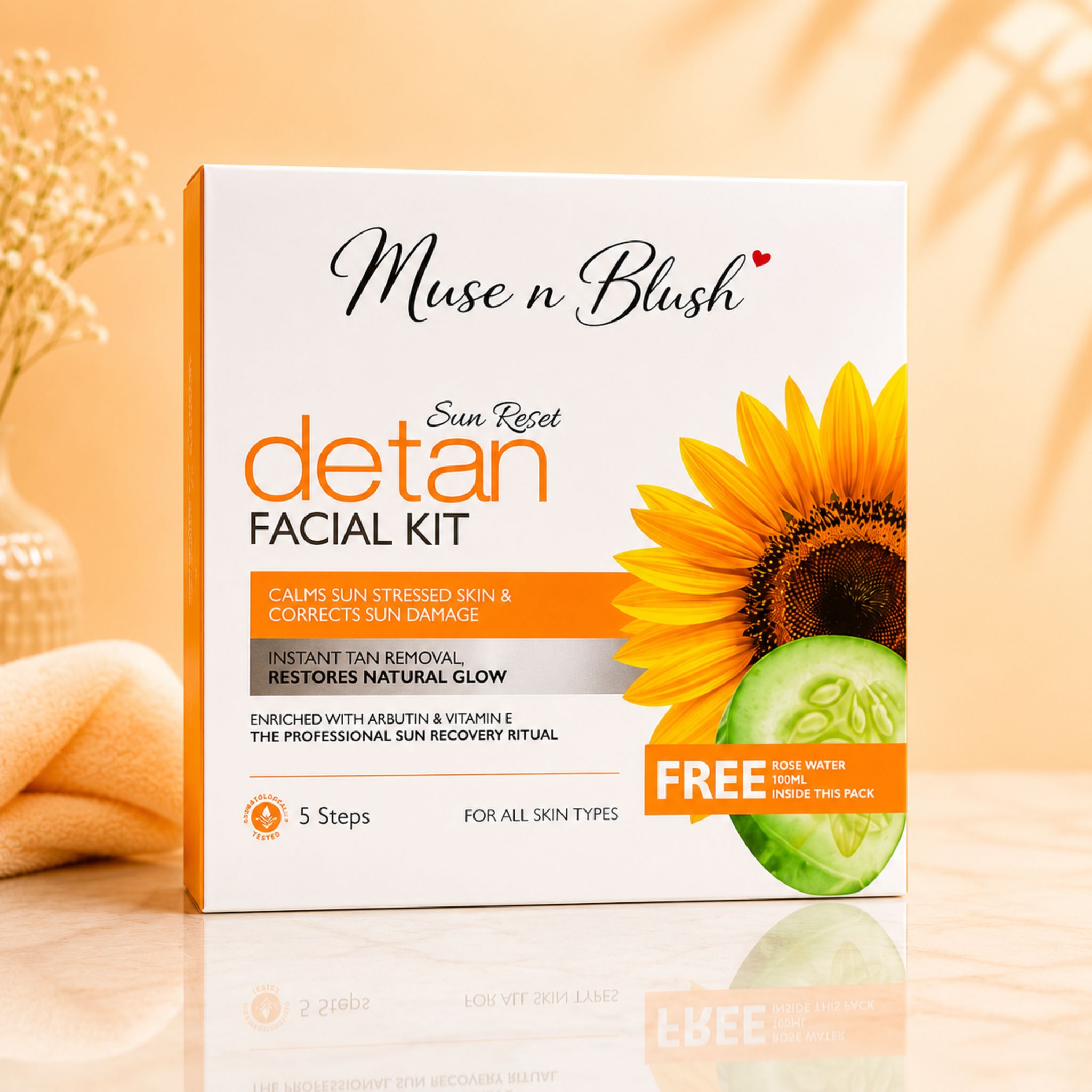 Muse n Blush Sun Reset D-Tan Facial Kit, 5 Step De-Tan Facial Kit with Arbutin & Vitamin E, for All Skin Types, 75 g + 100 ml English Rose Water