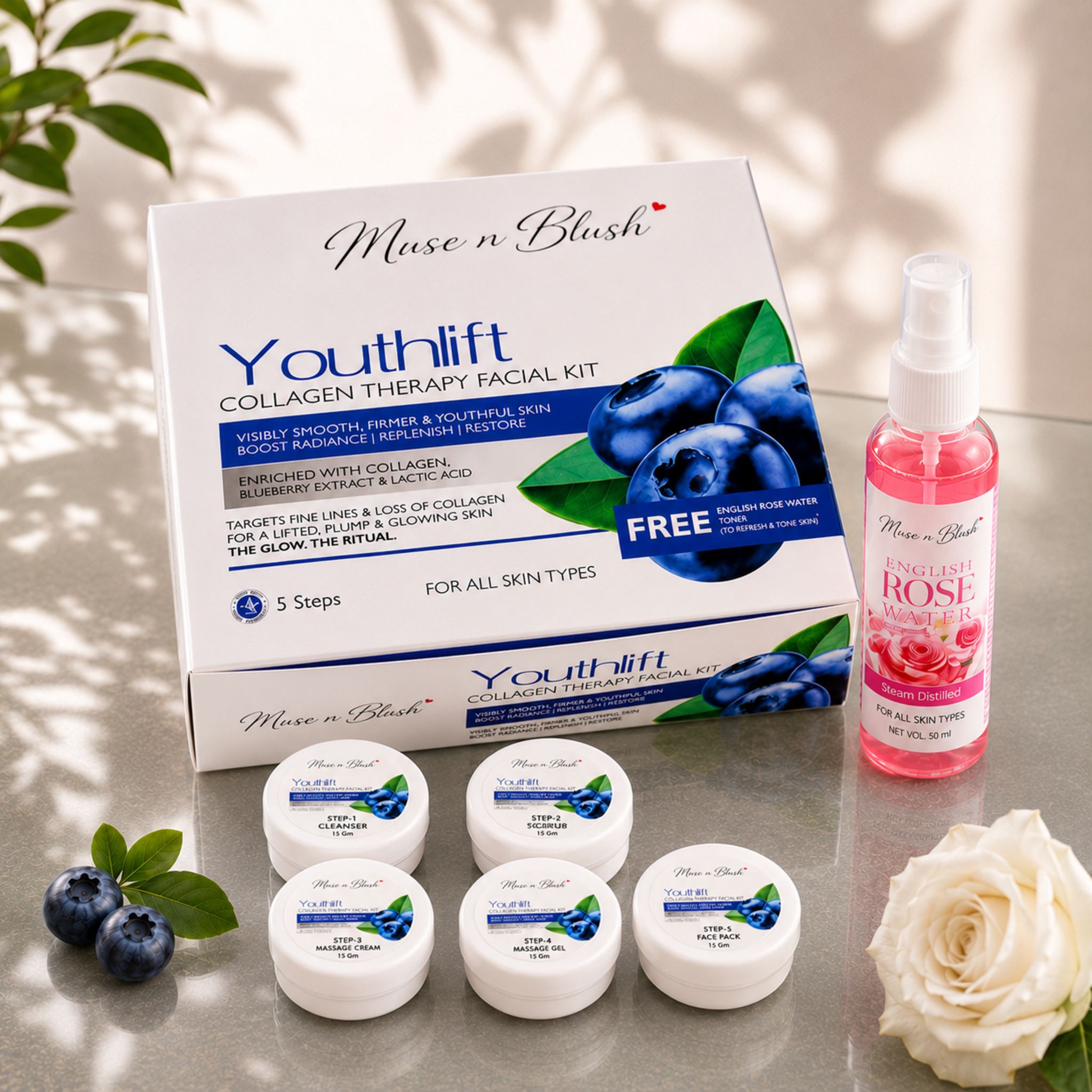 Muse n Blush Youthlift Collagen Therapy Facial Kit, 5 Step Facial Kit with Hydrolyzed Collagen & Blueberry Extract, for All Skin Types, 75 g + 100 ml English Rose Water