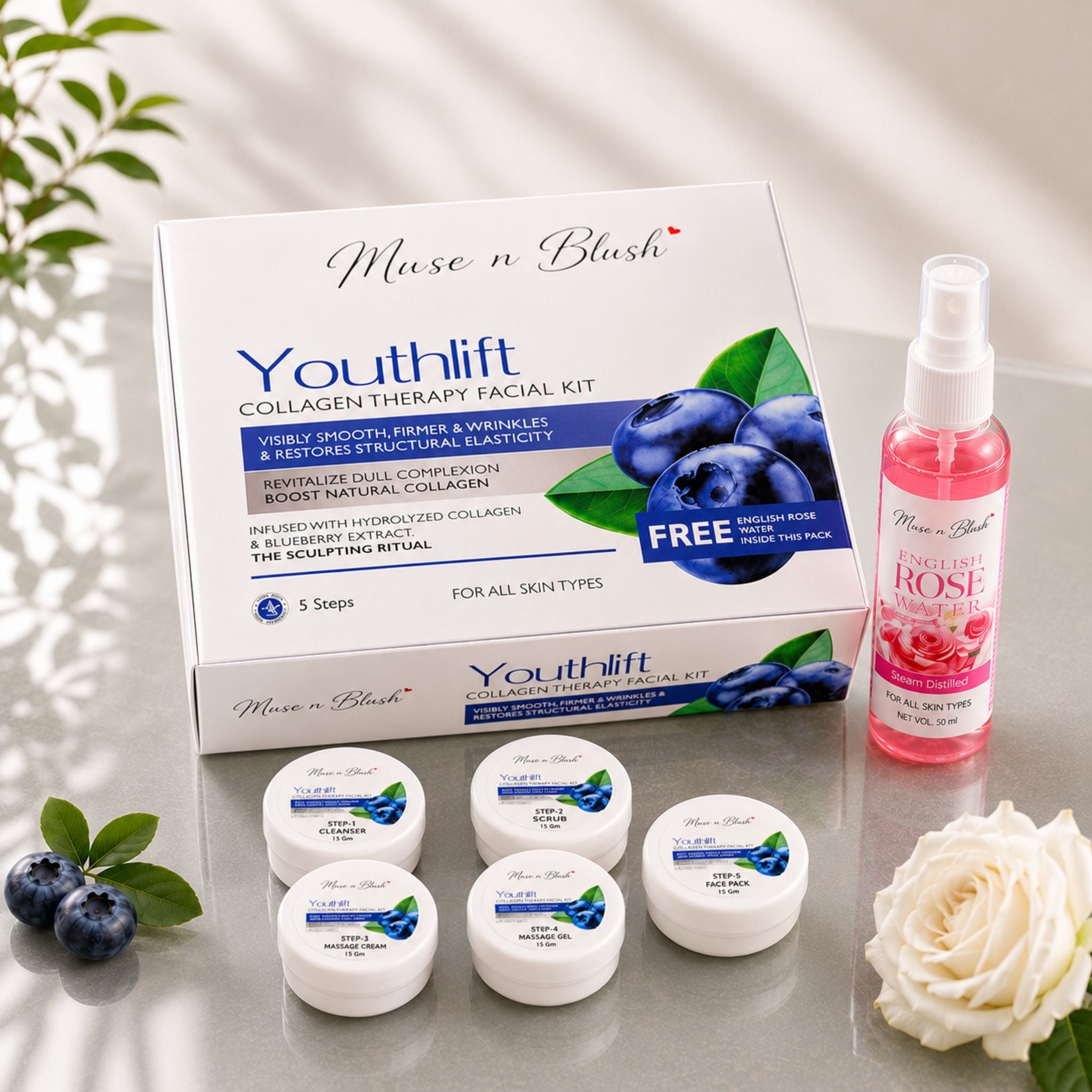 Muse n Blush Youthlift Collagen Therapy Facial Kit, 5 Step Facial Kit with Hydrolyzed Collagen & Blueberry Extract, for All Skin Types, 75 g + 100 ml English Rose Water