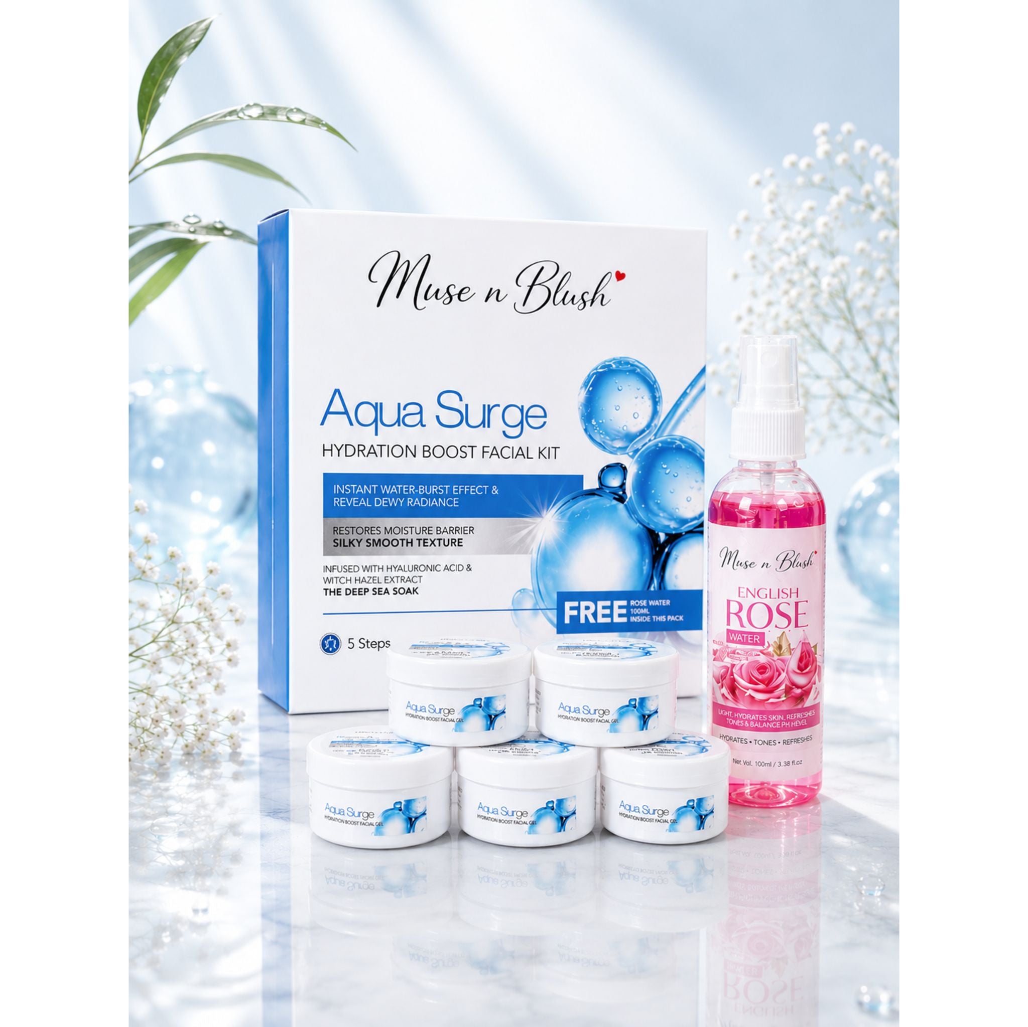 Muse n Blush Aqua Surge Hydration Boost Facial Kit, 5 Step Facial Kit with Hyaluronic Acid & Witch Hazel Extract, for All Skin Types, 75 g + 100 ml English Rose Water