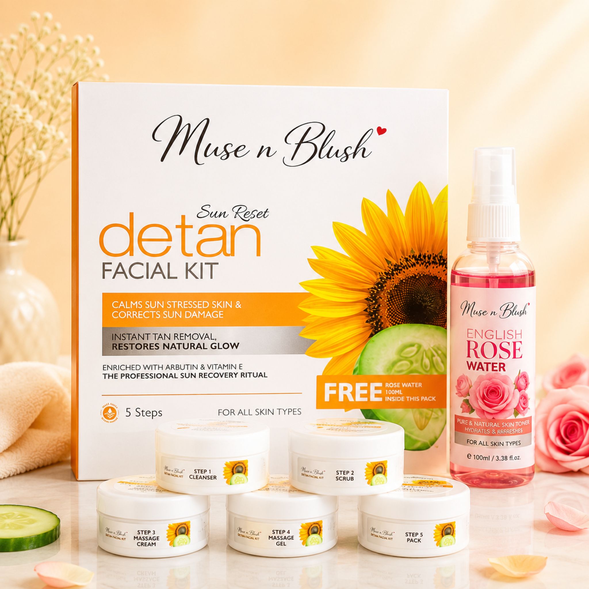 Muse n Blush Sun Reset D-Tan Facial Kit, 5 Step De-Tan Facial Kit with Arbutin & Vitamin E, for All Skin Types, 75 g + 100 ml English Rose Water