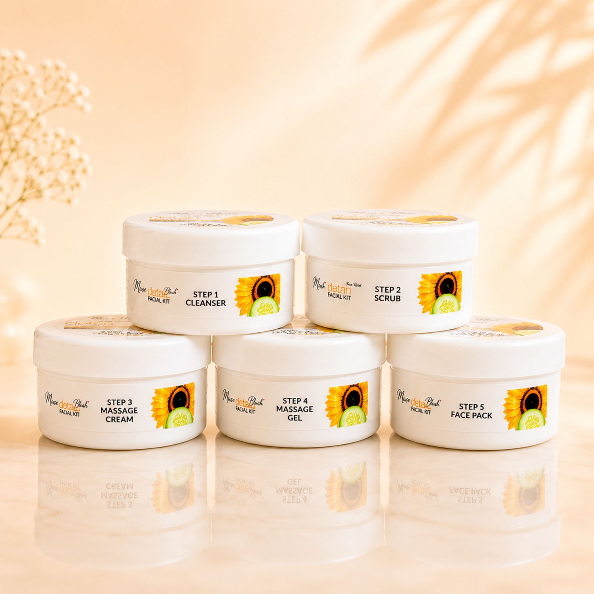 Muse n Blush Sun Reset D-Tan Facial Kit, 5 Step De-Tan Facial Kit with Arbutin & Vitamin E, for All Skin Types, 75 g + 100 ml English Rose Water