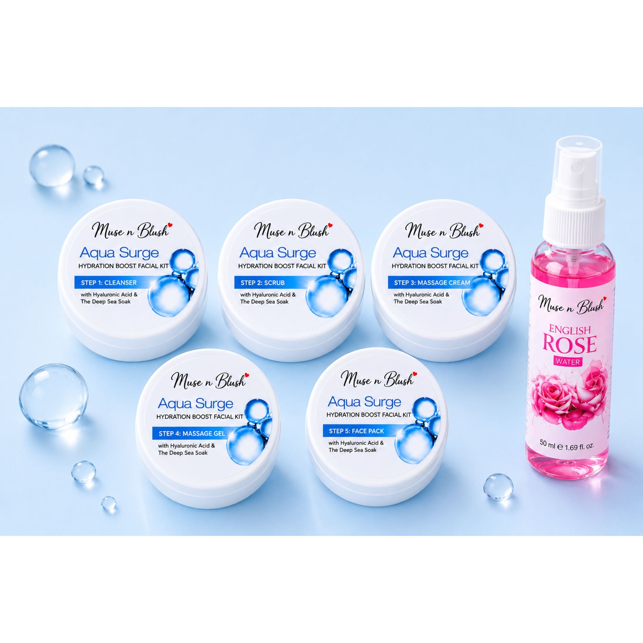 Muse n Blush Aqua Surge Hydration Boost Facial Kit, 5 Step Facial Kit with Hyaluronic Acid & Witch Hazel Extract, for All Skin Types, 75 g + 100 ml English Rose Water
