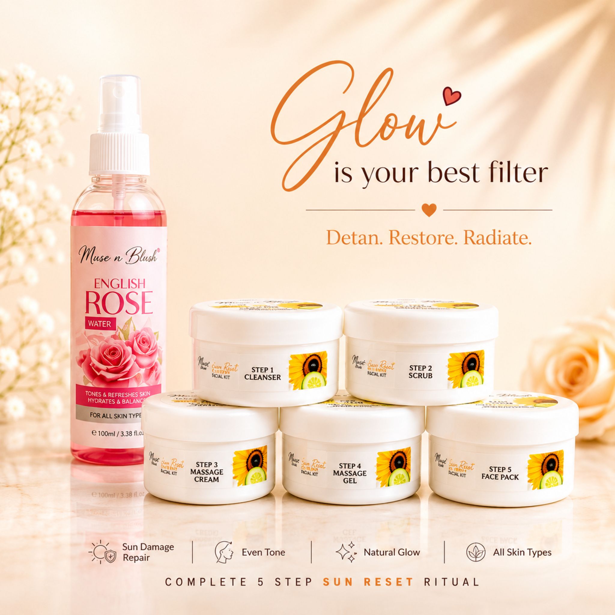 Muse n Blush Sun Reset D-Tan Facial Kit, 5 Step De-Tan Facial Kit with Arbutin & Vitamin E, for All Skin Types, 75 g + 100 ml English Rose Water