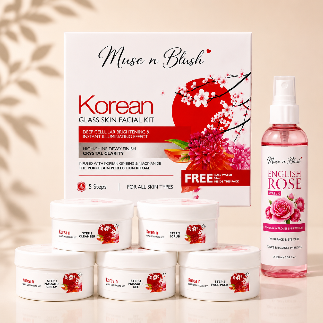 Muse n Blush Korean Glass Skin Facial Kit, 5 Step Facial Kit with Korean Ginseng & Niacinamide, for All Skin Types, 75 g + 100 ml English Rose Water