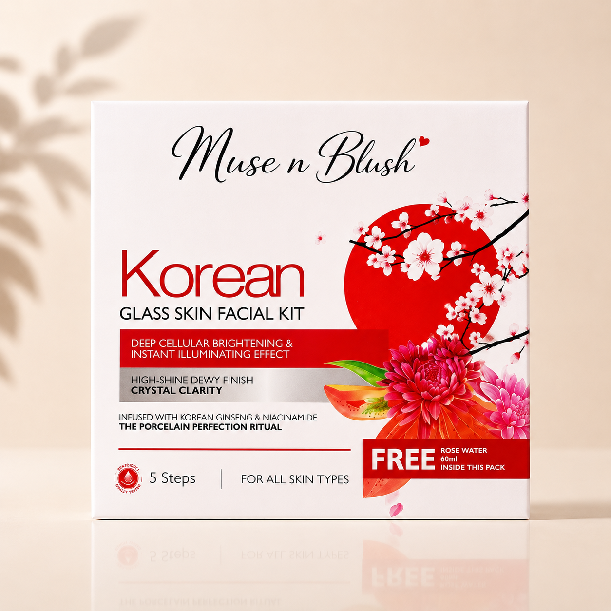 Muse n Blush Korean Glass Skin Facial Kit, 5 Step Facial Kit with Korean Ginseng & Niacinamide, for All Skin Types, 75 g + 100 ml English Rose Water