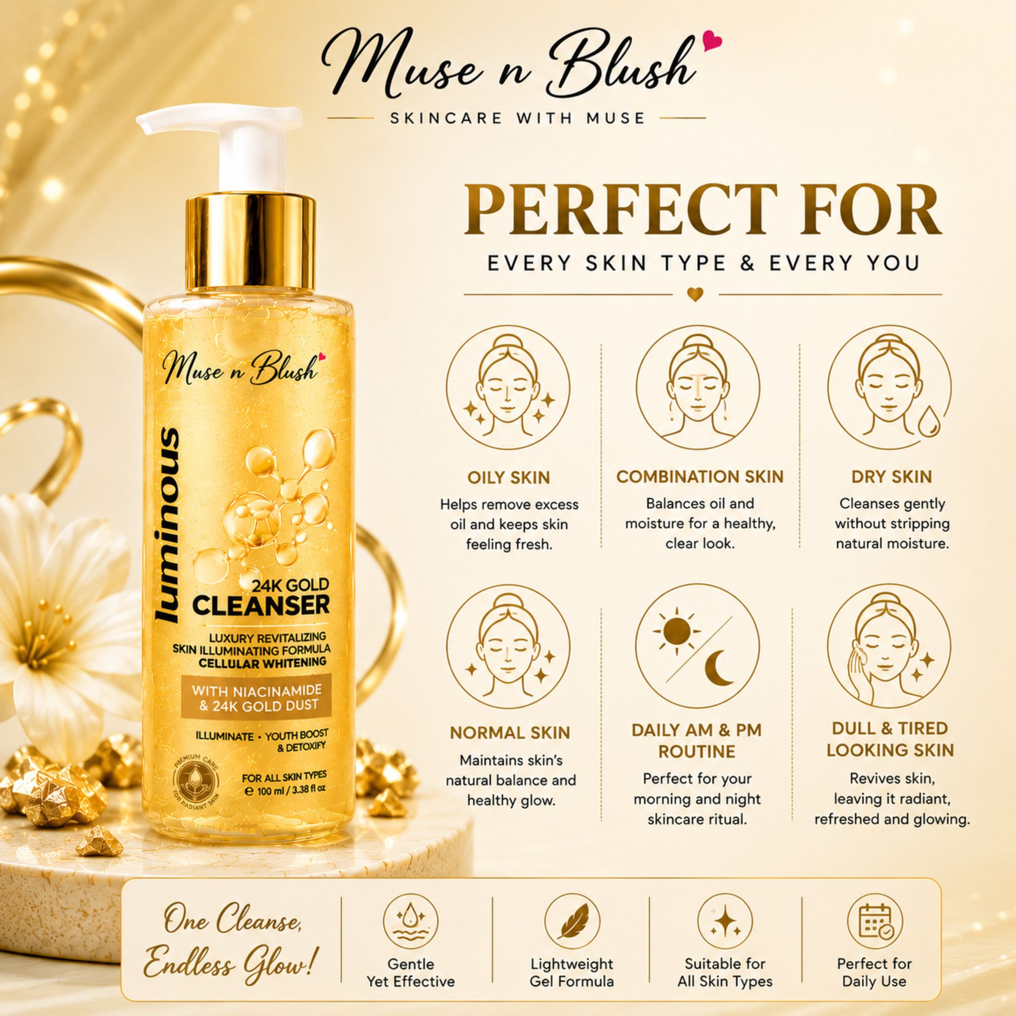 Muse n Blush Luminous 24K Gold Cleanser with Niacinamide & 24K Gold Dust – 100 ml