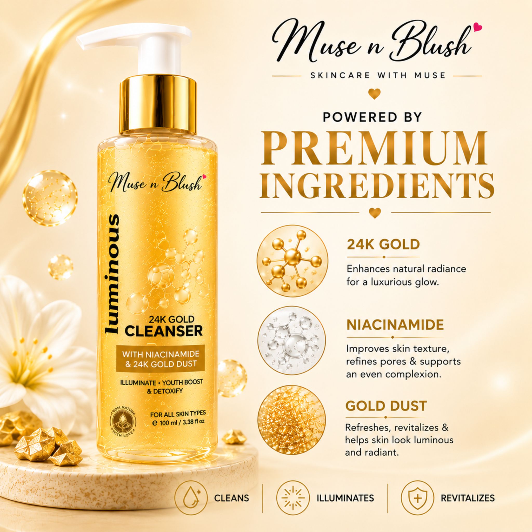 Muse n Blush Luminous 24K Gold Cleanser with Niacinamide & 24K Gold Dust – 100 ml