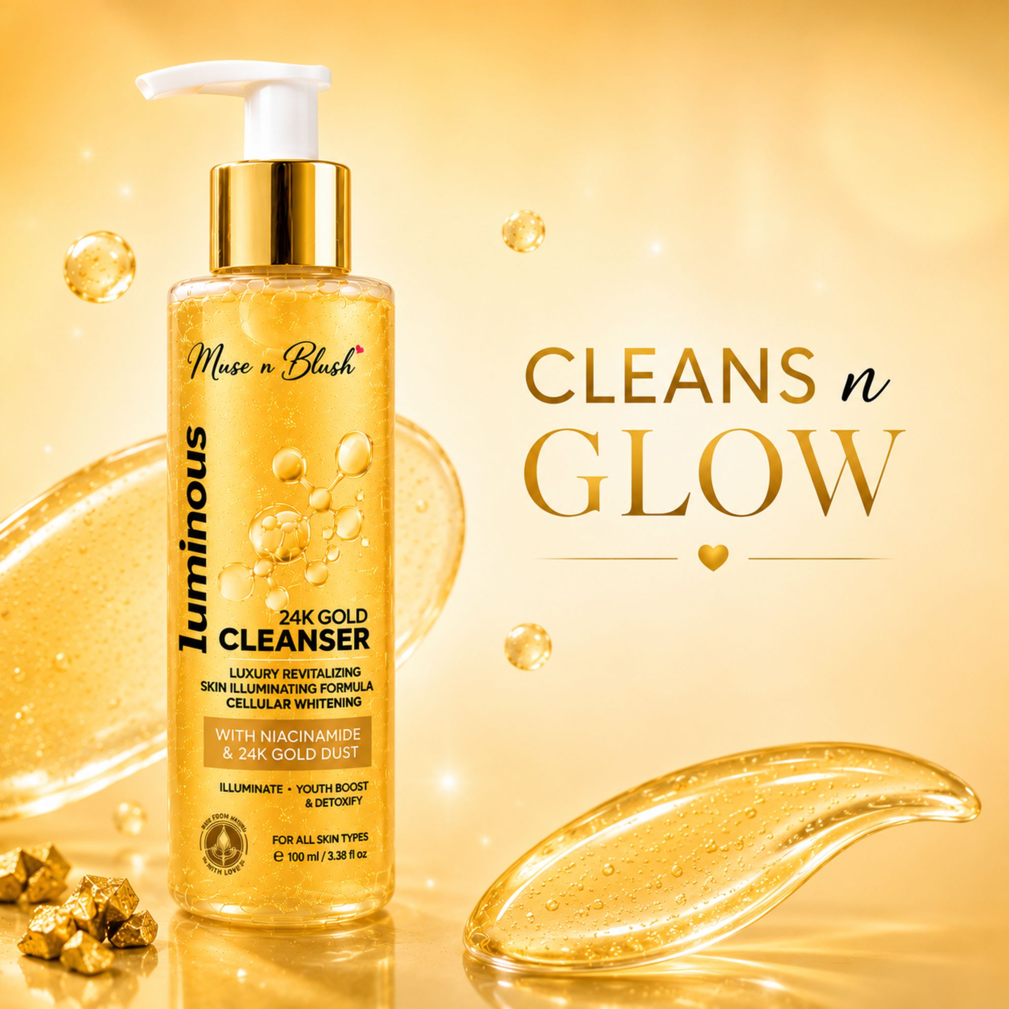 Muse n Blush Luminous 24K Gold Cleanser with Niacinamide & 24K Gold Dust – 100 ml
