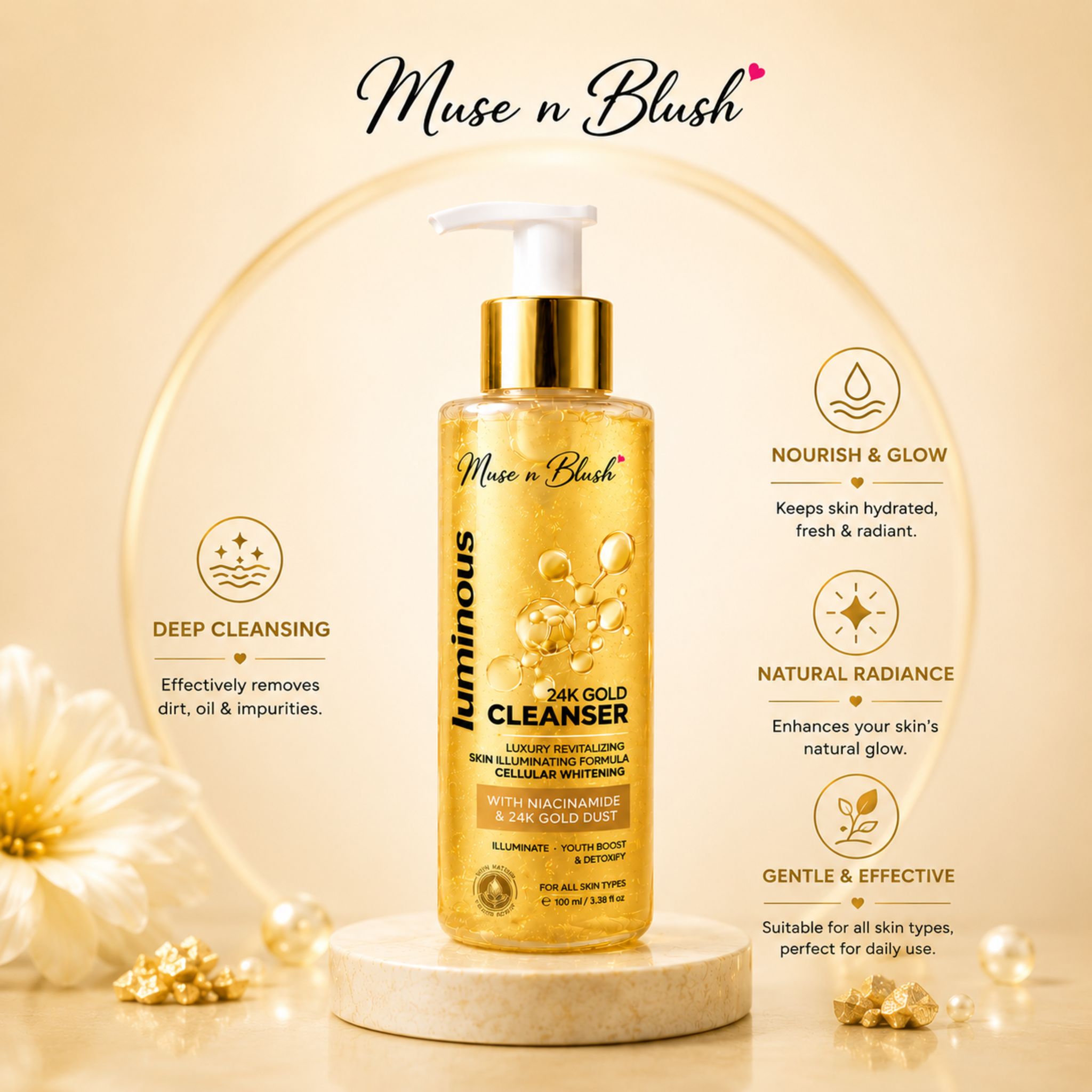 Muse n Blush Luminous 24K Gold Cleanser with Niacinamide & 24K Gold Dust – 100 ml