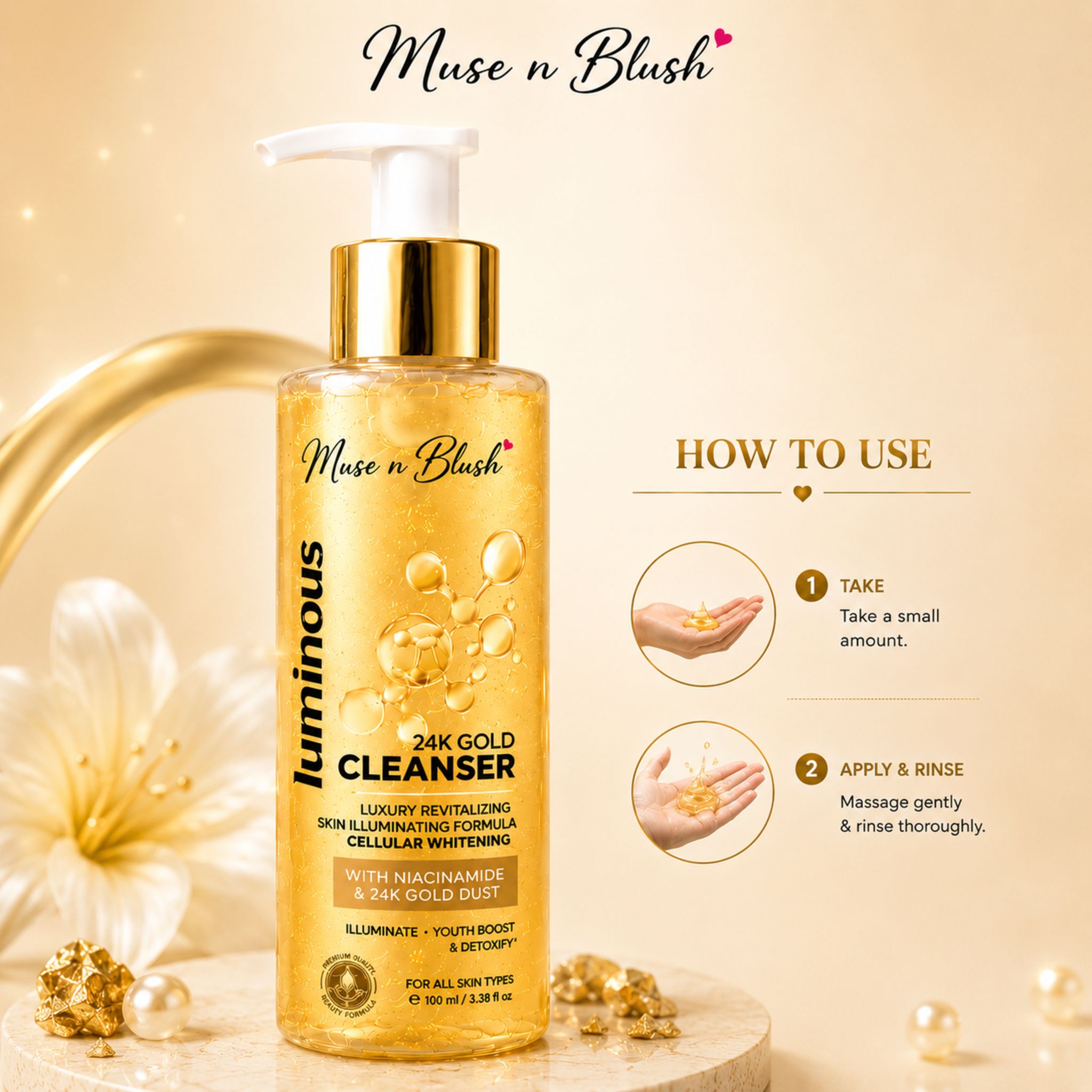 Muse n Blush Luminous 24K Gold Cleanser with Niacinamide & 24K Gold Dust – 100 ml