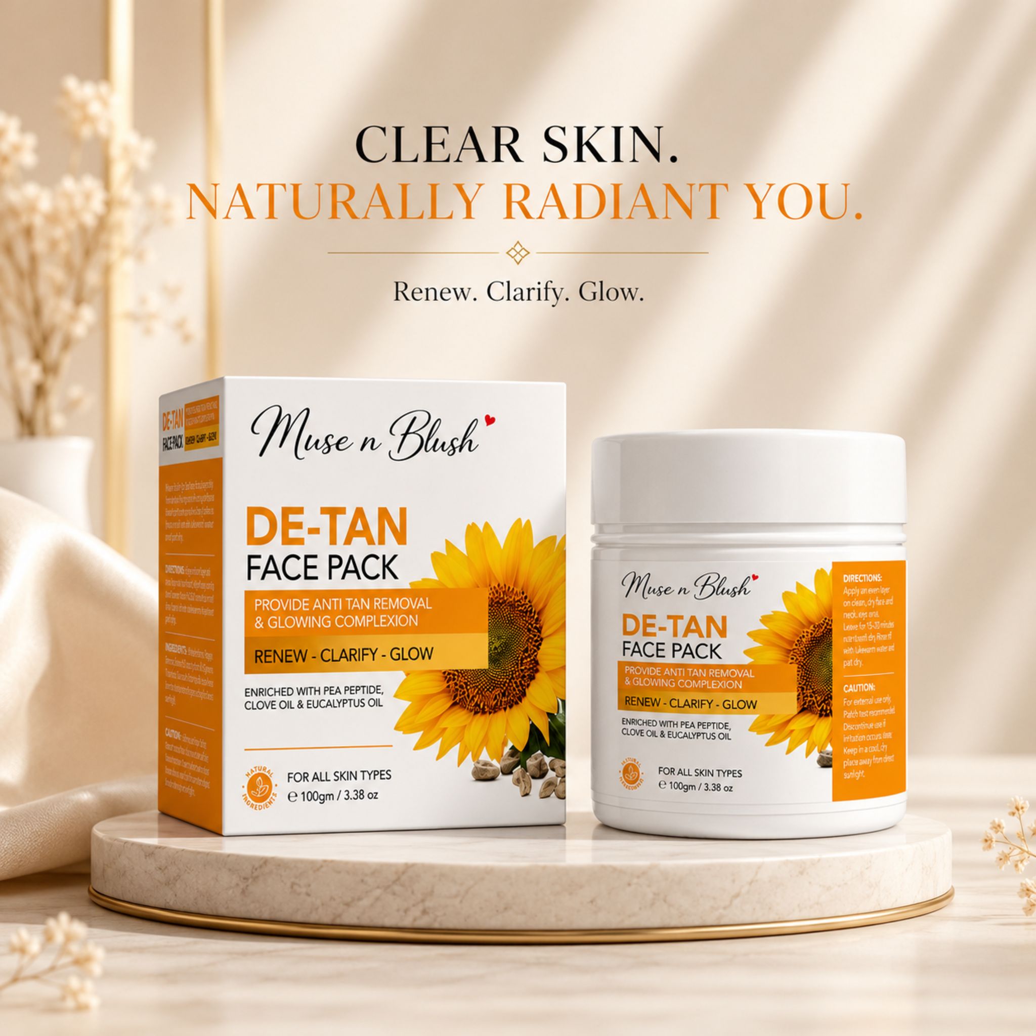Muse n Blush De-Tan Face Pack with Pea Peptide, Clove Oil & Eucalyptus Oil – 100 g