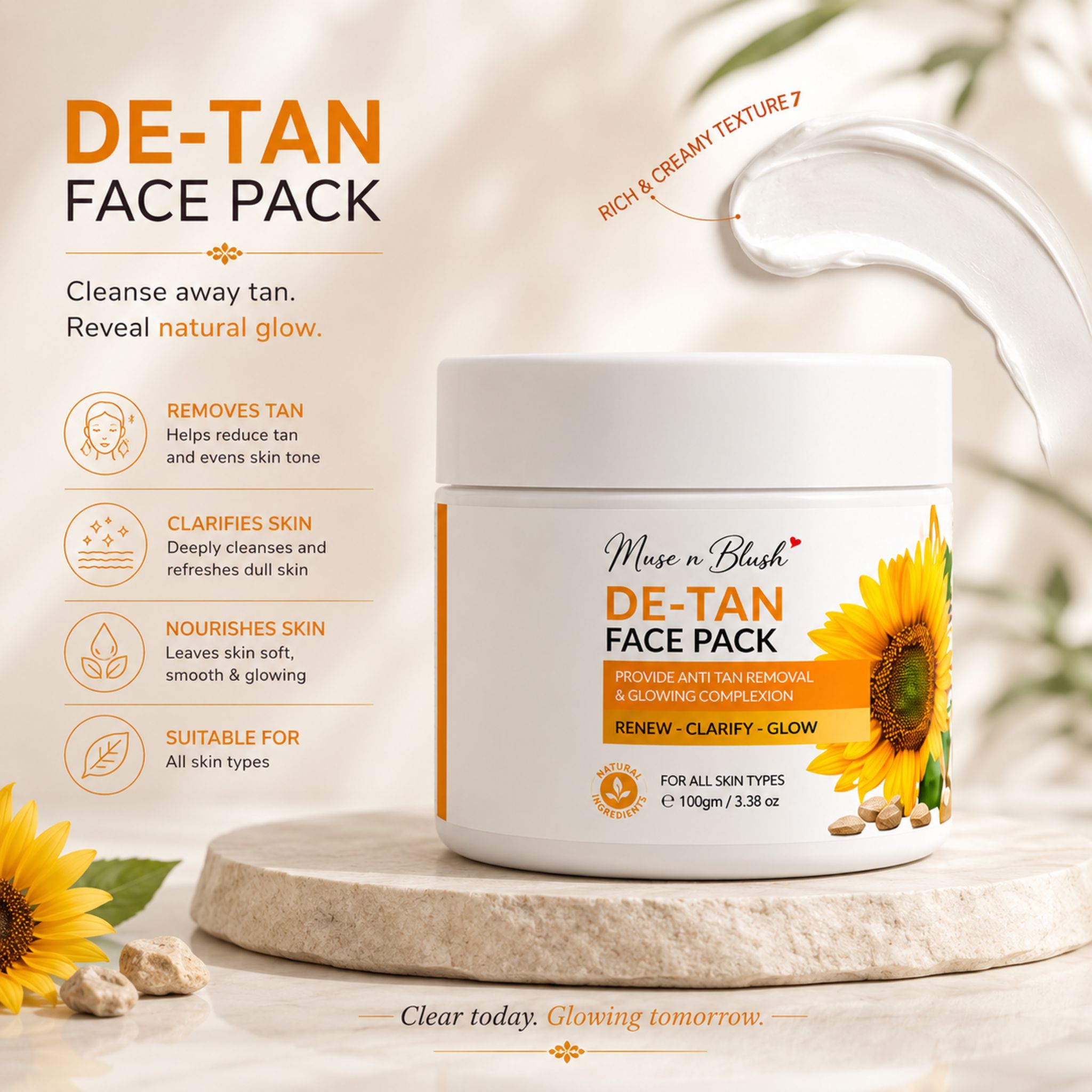 Muse n Blush De-Tan Face Pack with Pea Peptide, Clove Oil & Eucalyptus Oil – 100 g