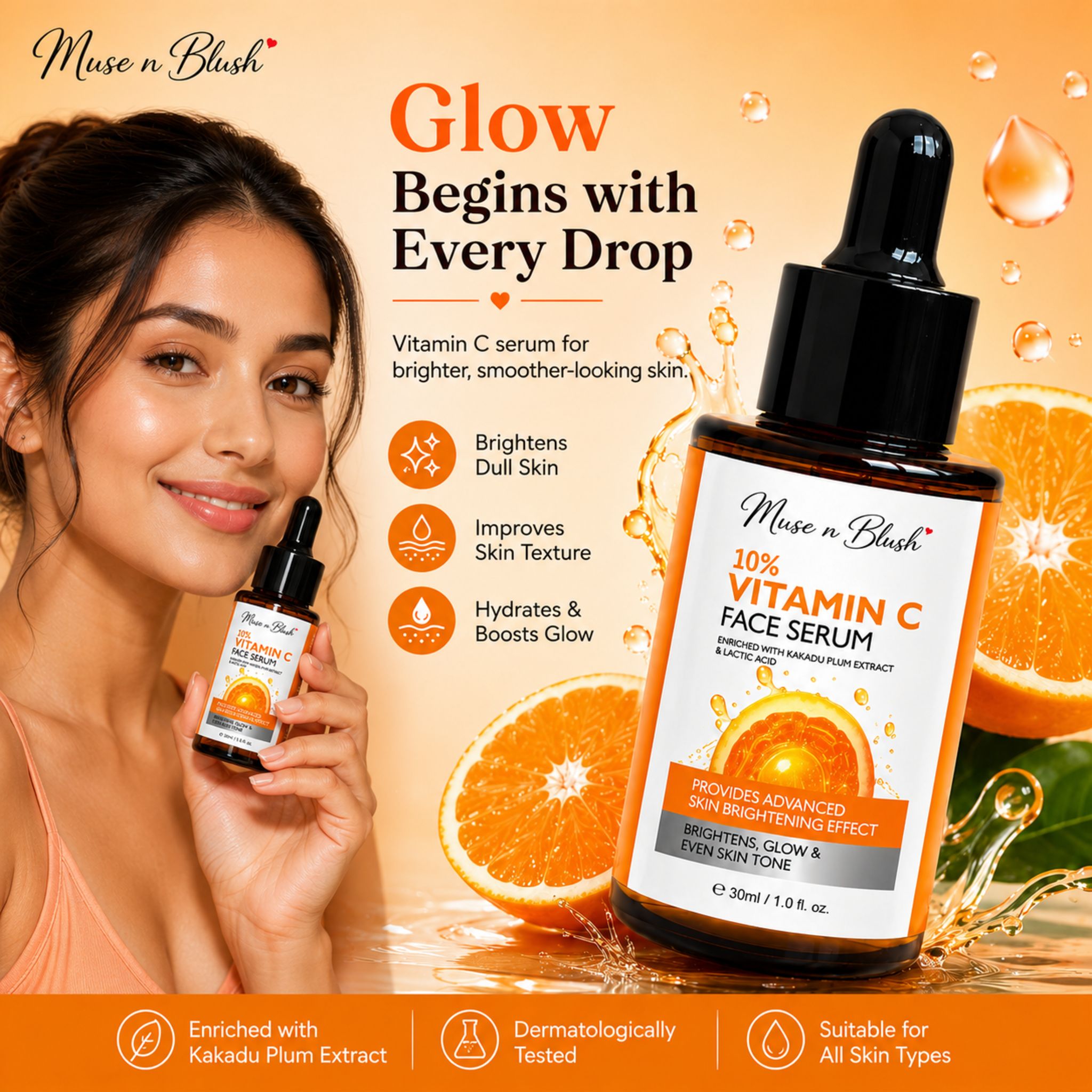 Muse n Blush 10% Vitamin C Face Serum with Kakadu Plum Extract & Lactic Acid – 30 ml