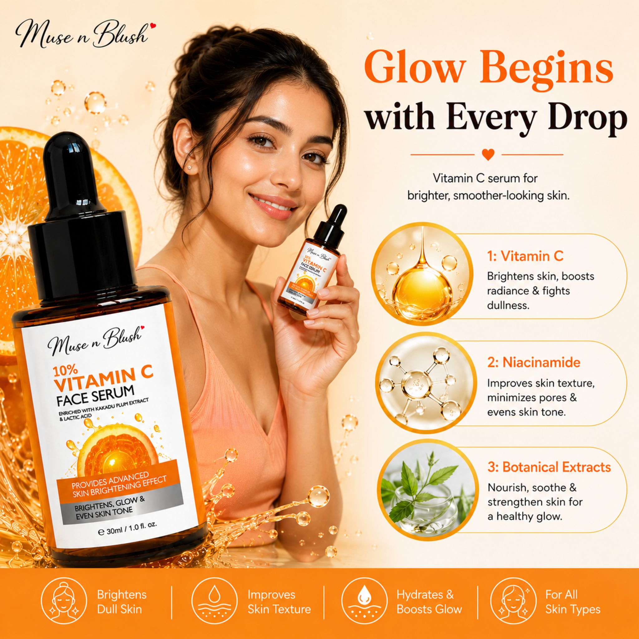 Muse n Blush 10% Vitamin C Face Serum with Kakadu Plum Extract & Lactic Acid – 30 ml