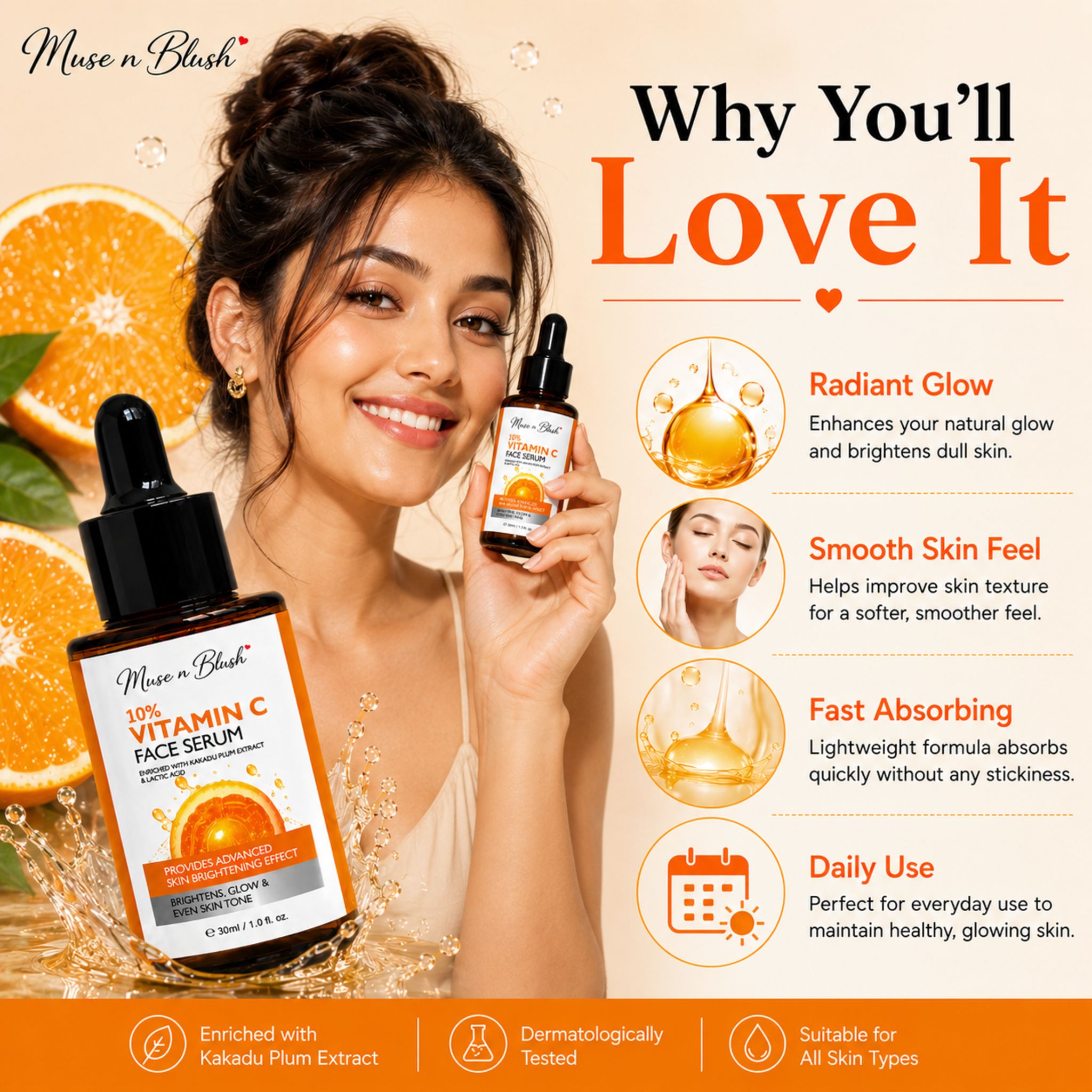 Muse n Blush 10% Vitamin C Face Serum with Kakadu Plum Extract & Lactic Acid – 30 ml
