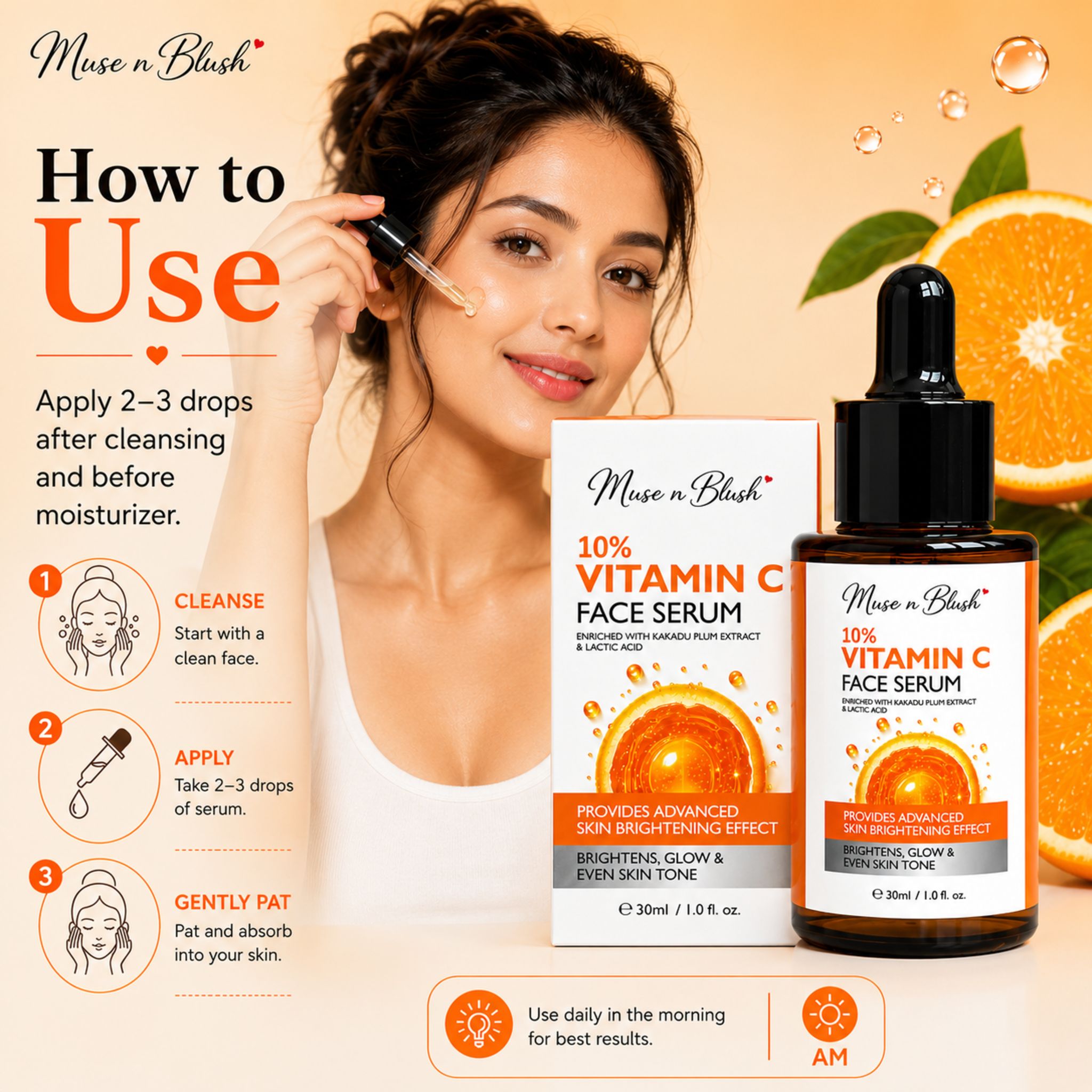 Muse n Blush 10% Vitamin C Face Serum with Kakadu Plum Extract & Lactic Acid – 30 ml