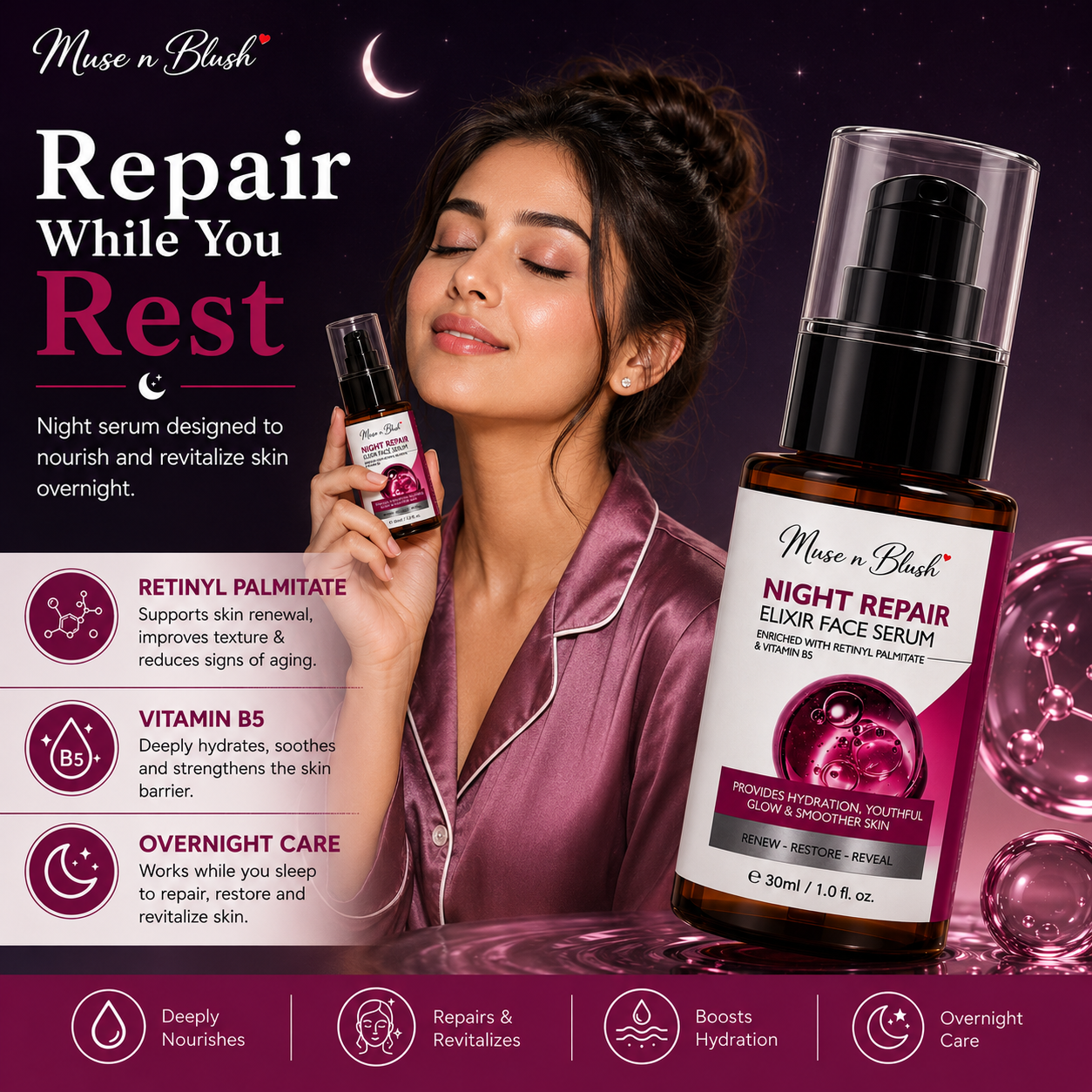 Muse n Blush Night Repair Elixir Face Serum with Retinyl Palmitate & Vitamin B5 – 30 ml