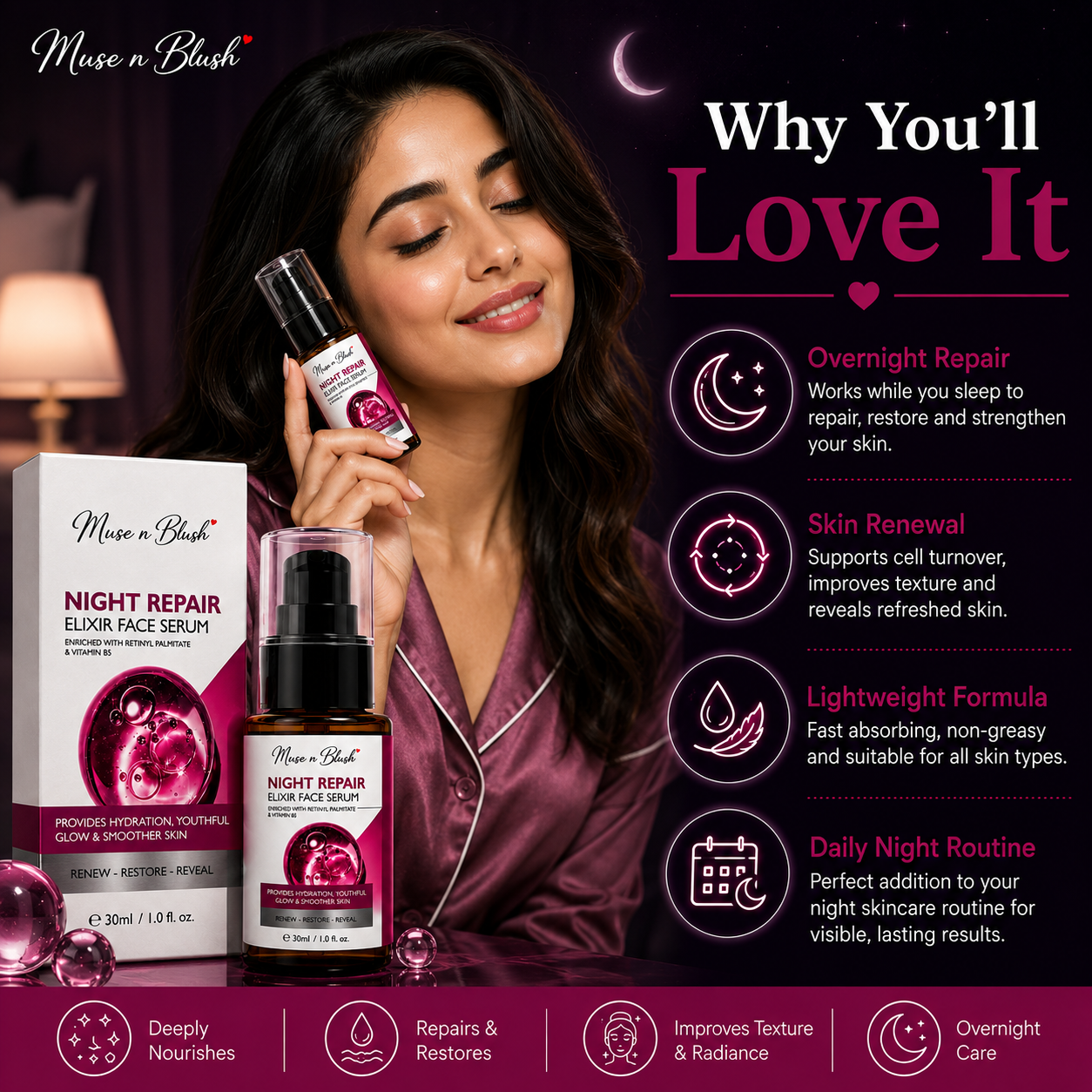 Muse n Blush Night Repair Elixir Face Serum with Retinyl Palmitate & Vitamin B5 – 30 ml