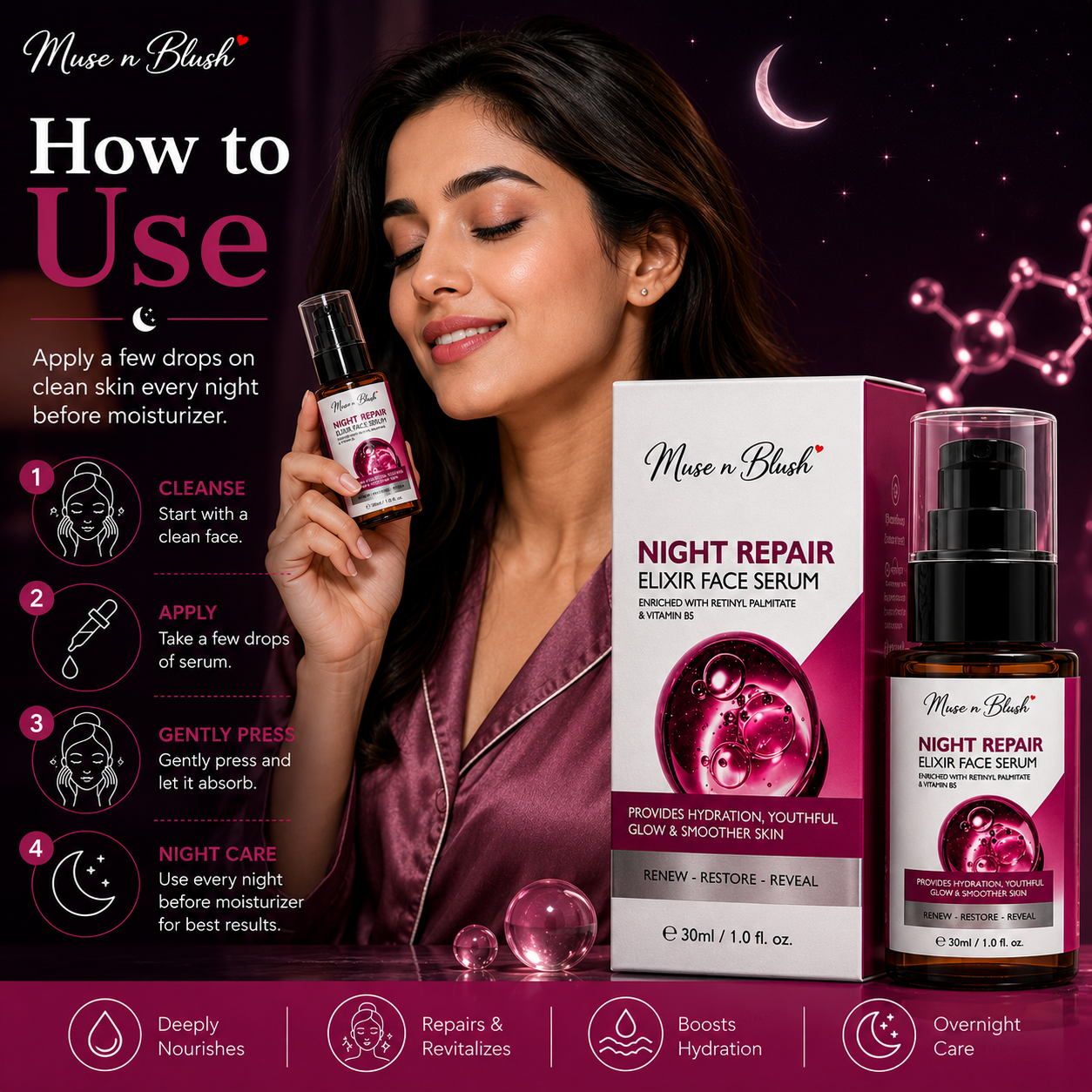 Muse n Blush Night Repair Elixir Face Serum with Retinyl Palmitate & Vitamin B5 – 30 ml
