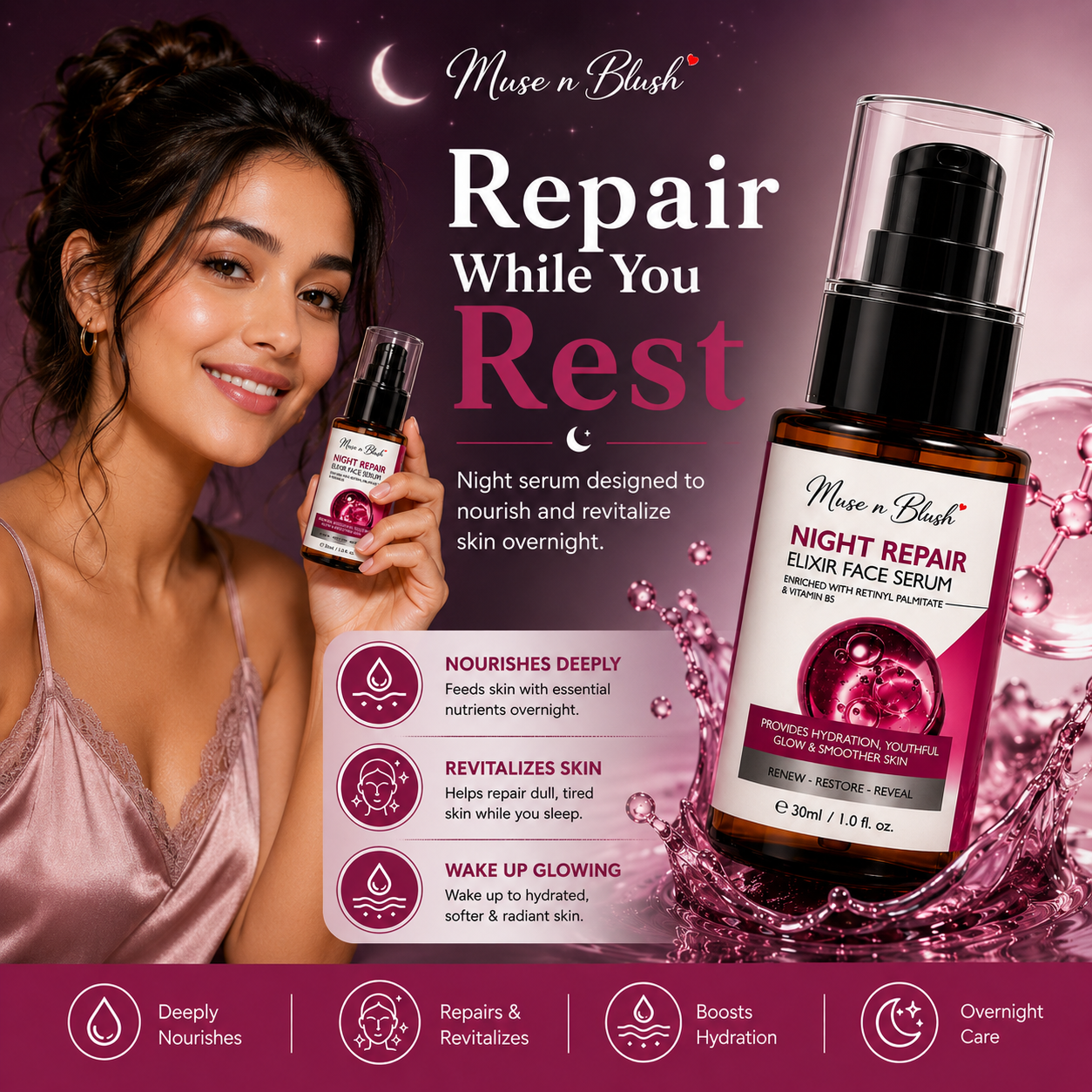 Muse n Blush Night Repair Elixir Face Serum with Retinyl Palmitate & Vitamin B5 – 30 ml