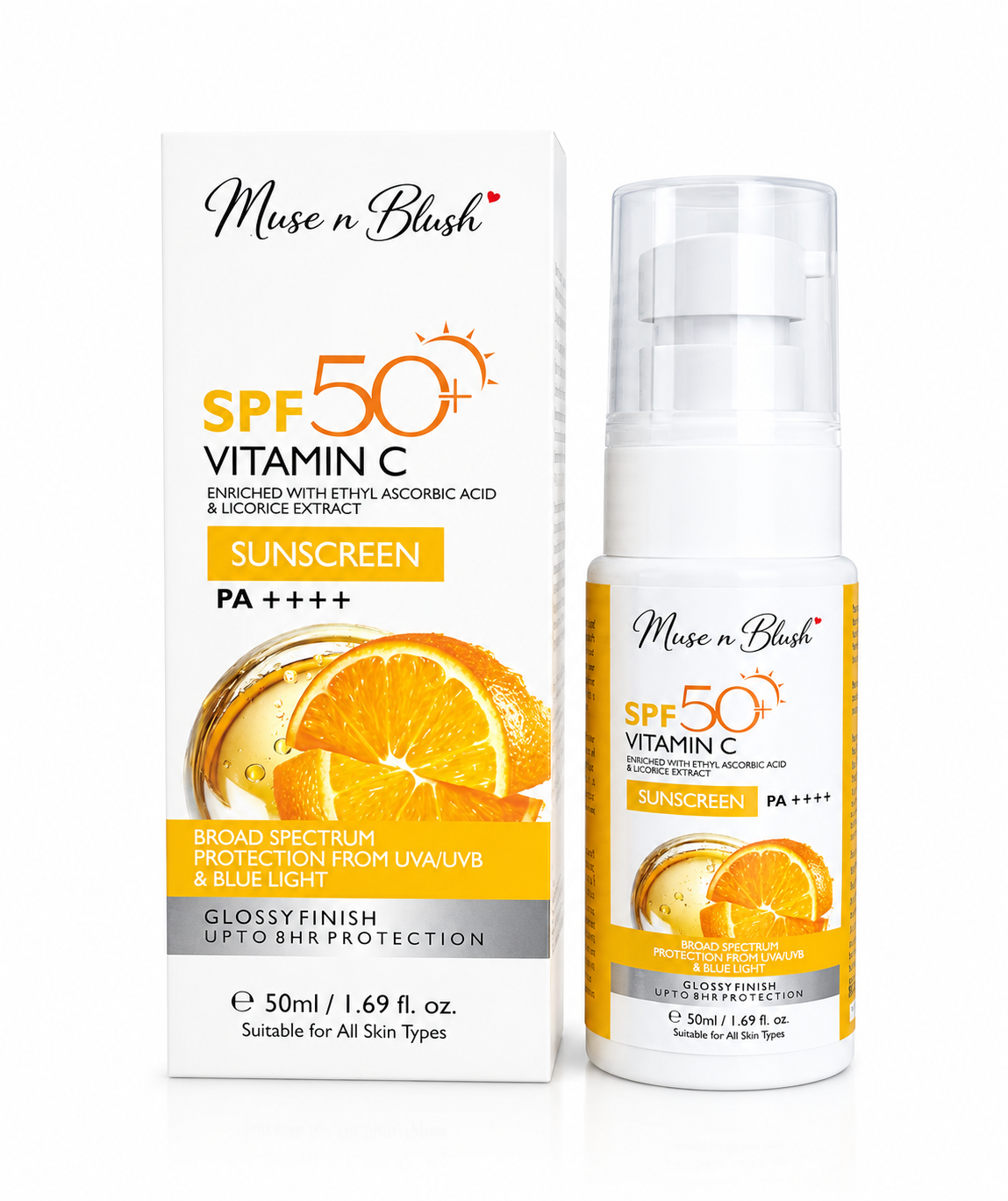 Muse n Blush SPF 50+ Vitamin C Sunscreen PA++++ with Ethyl Ascorbic Acid & Licorice Extract -50 ml