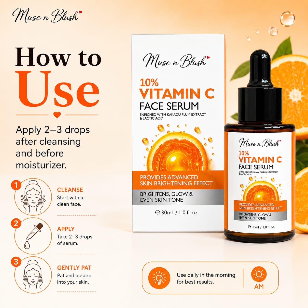 Muse n Blush 10% Vitamin C Face Serum with Kakadu Plum Extract & Lactic Acid – 30 ml