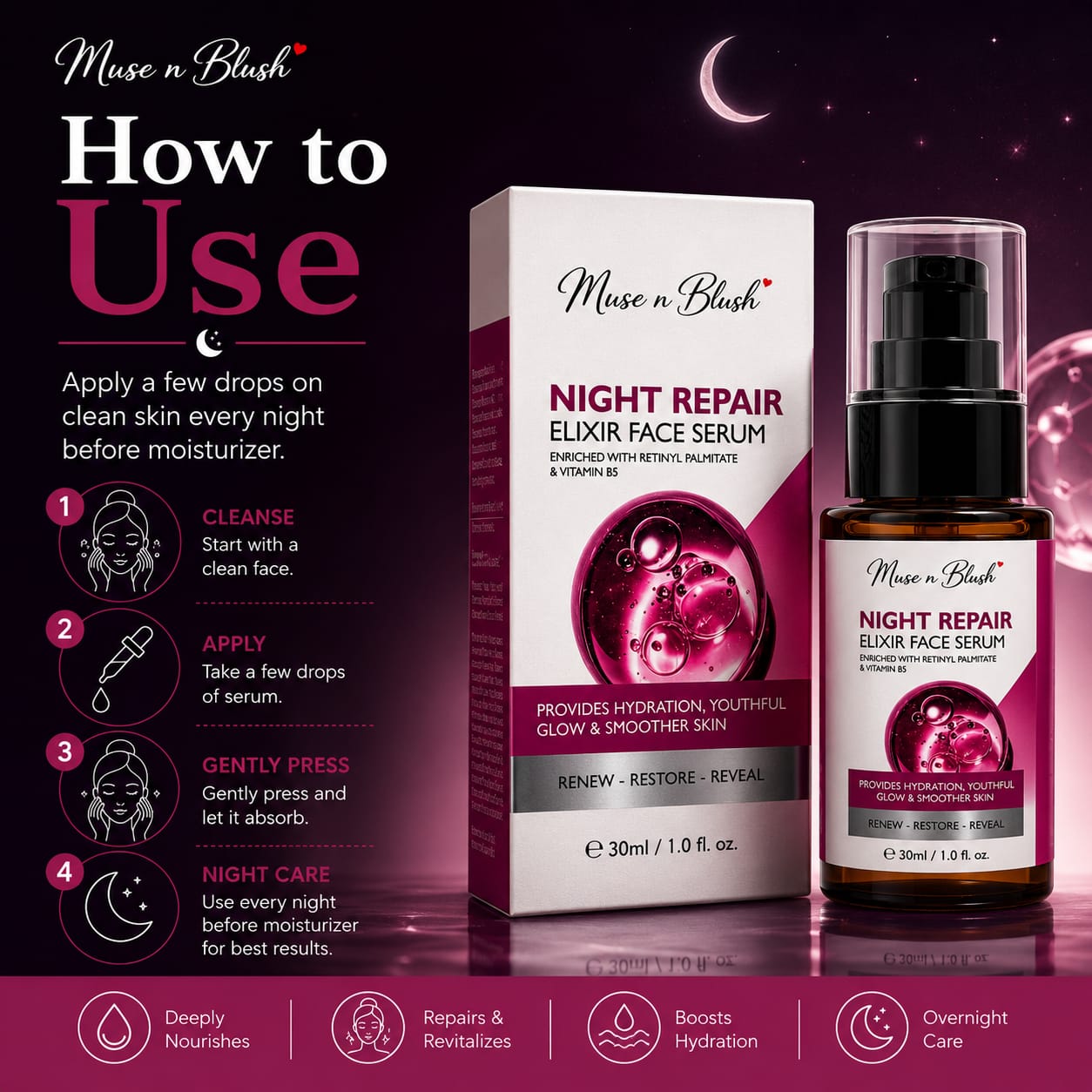 Muse n Blush Night Repair Elixir Face Serum with Retinyl Palmitate & Vitamin B5 – 30 ml