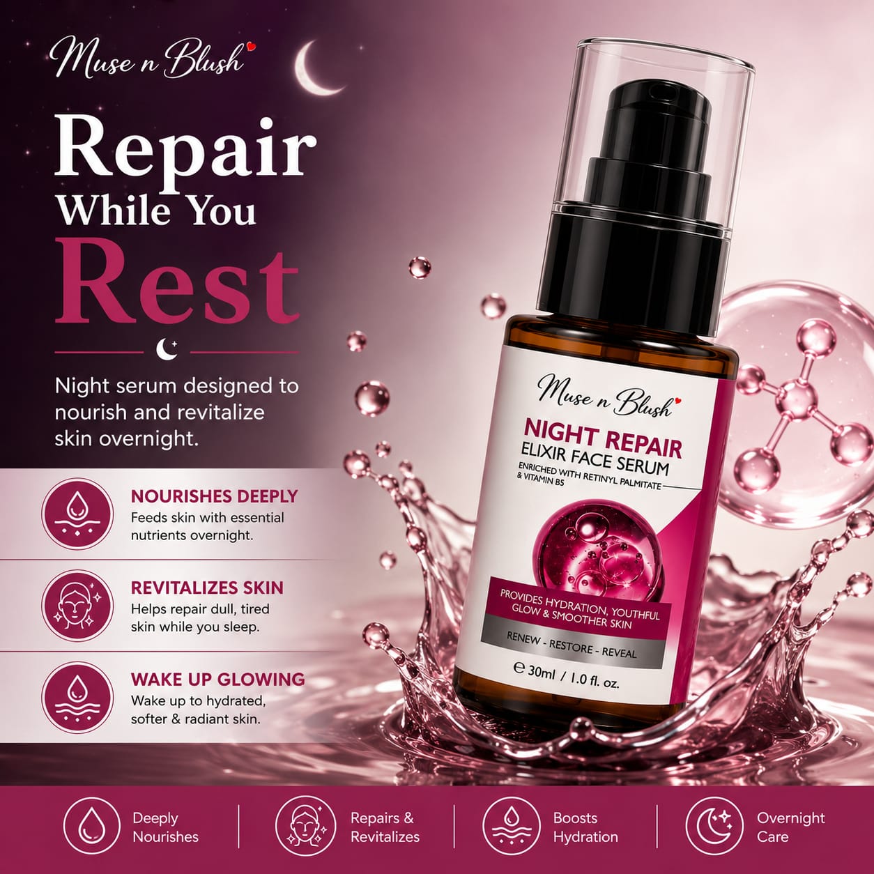 Muse n Blush Night Repair Elixir Face Serum with Retinyl Palmitate & Vitamin B5 – 30 ml