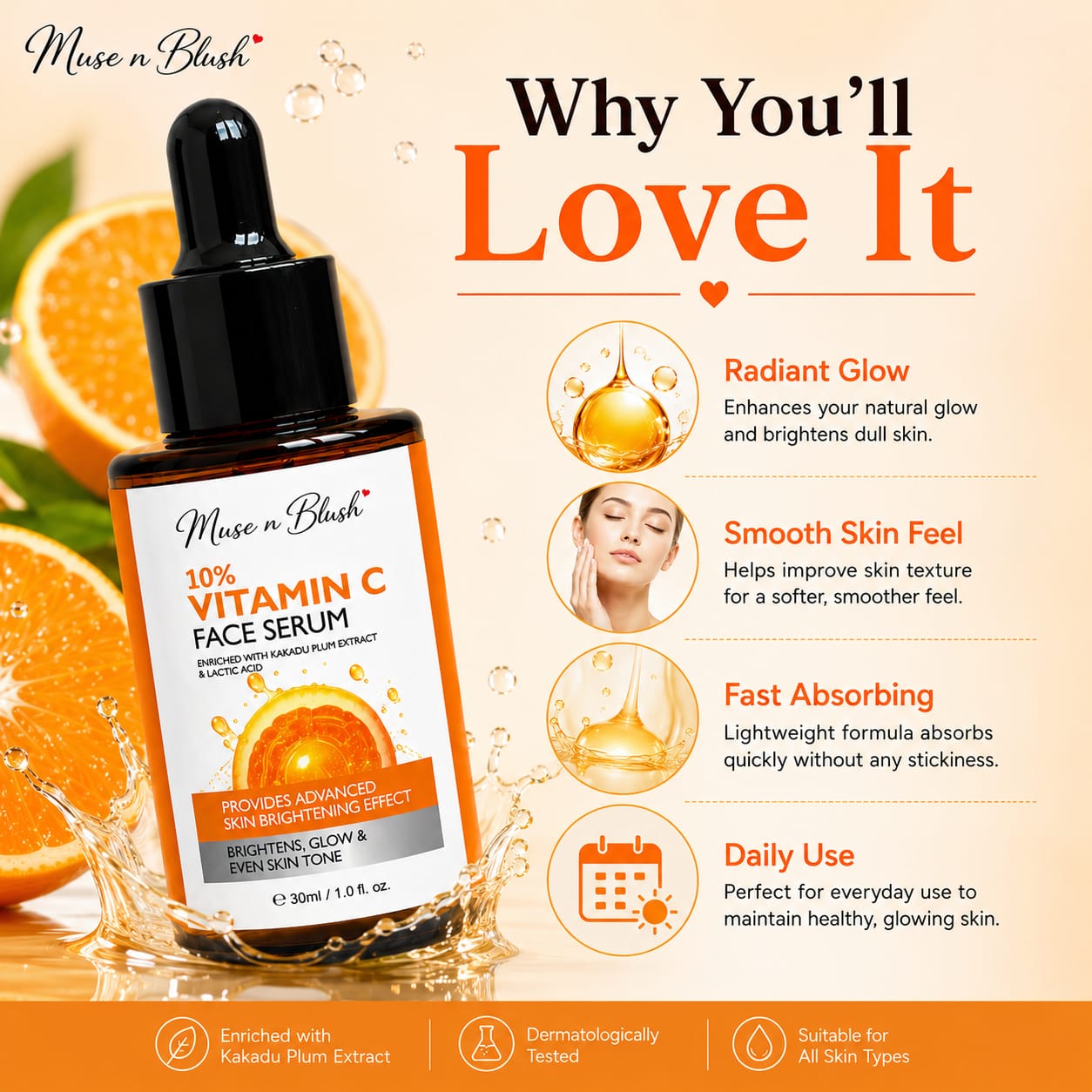 Muse n Blush 10% Vitamin C Face Serum with Kakadu Plum Extract & Lactic Acid – 30 ml