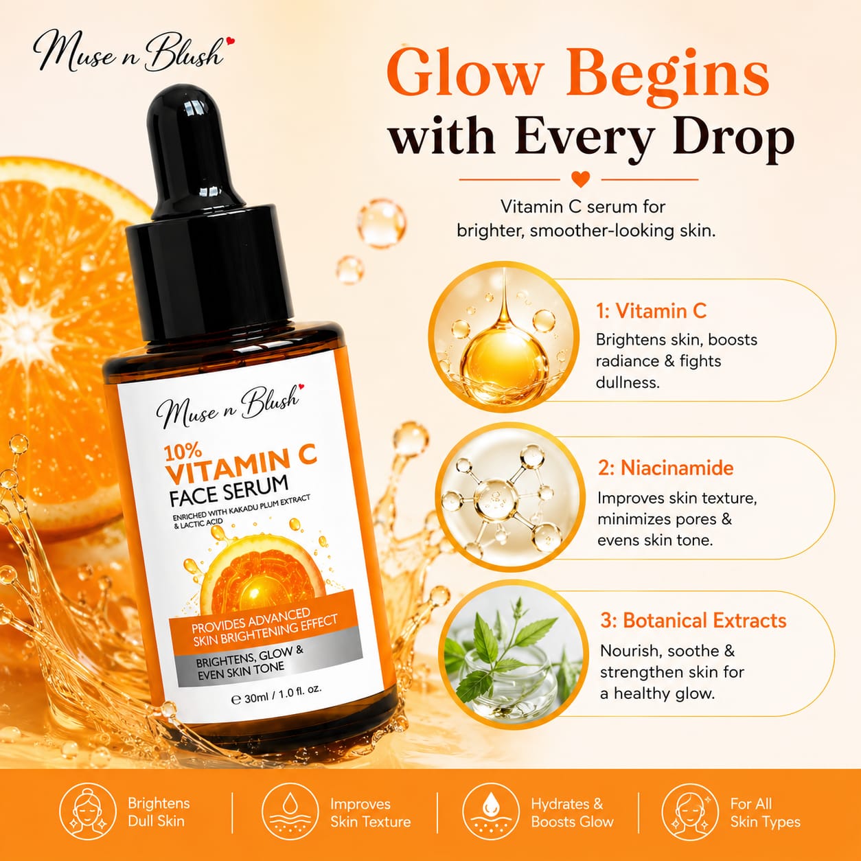 Muse n Blush 10% Vitamin C Face Serum with Kakadu Plum Extract & Lactic Acid – 30 ml