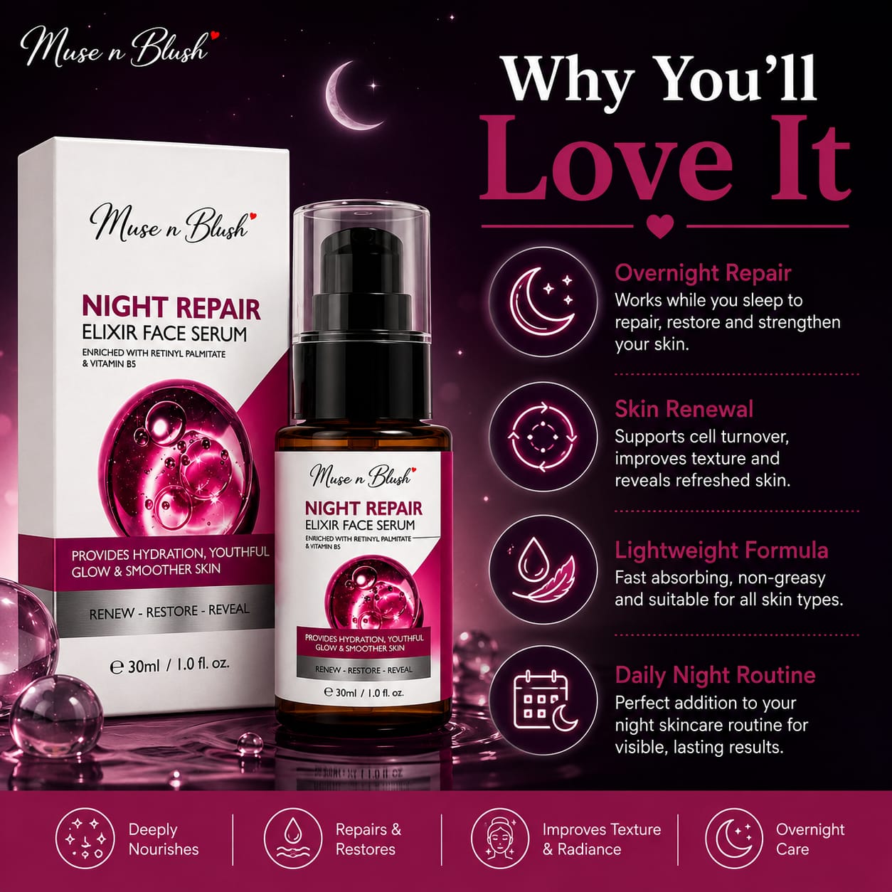 Muse n Blush Night Repair Elixir Face Serum with Retinyl Palmitate & Vitamin B5 – 30 ml