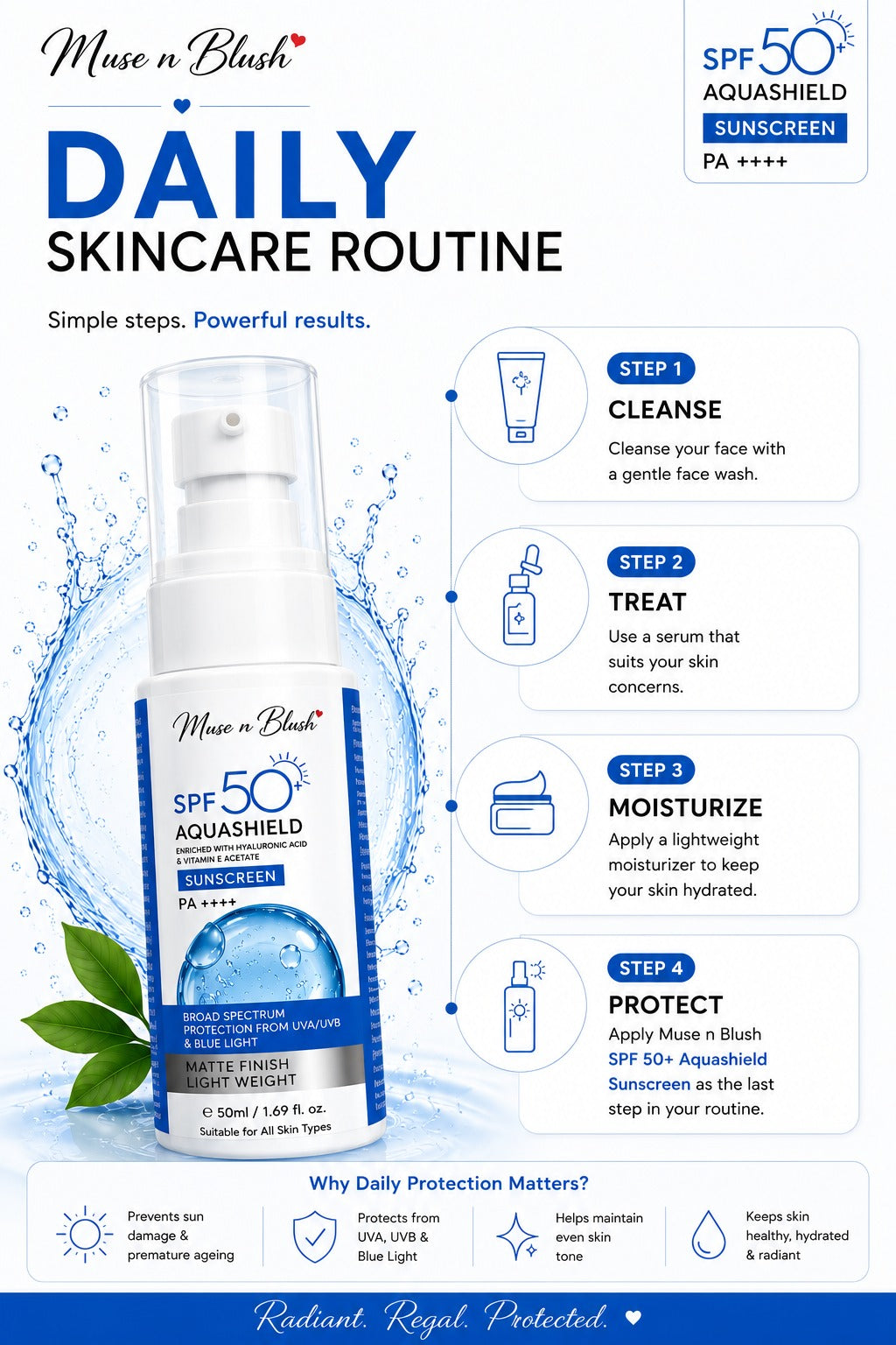 Muse n Blush SPF 50+ AquaShield Sunscreen PA++++ with Hyaluronic Acid & Vitamin E Acetate – 50 ml