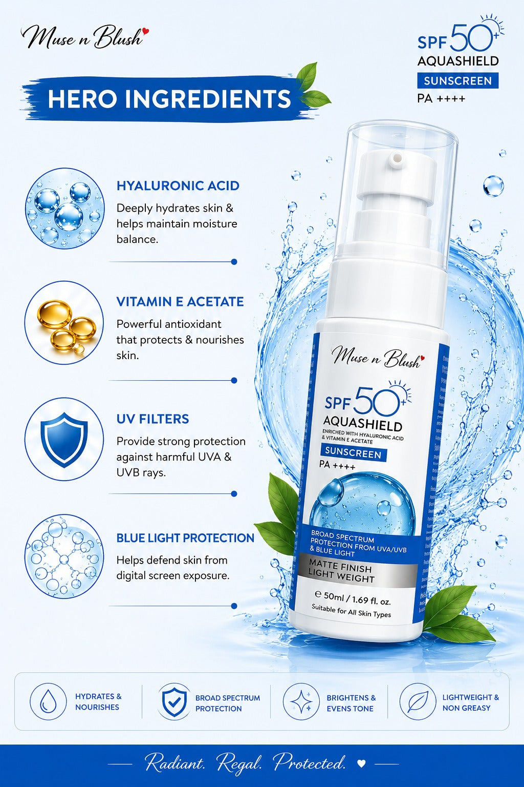 Muse n Blush SPF 50+ AquaShield Sunscreen PA++++ with Hyaluronic Acid & Vitamin E Acetate – 50 ml