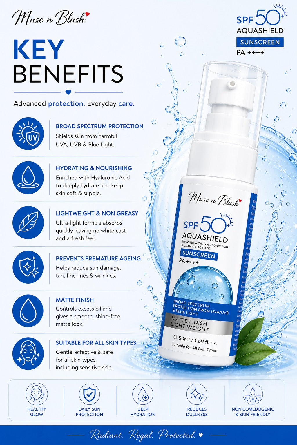 Muse n Blush SPF 50+ AquaShield Sunscreen PA++++ with Hyaluronic Acid & Vitamin E Acetate – 50 ml
