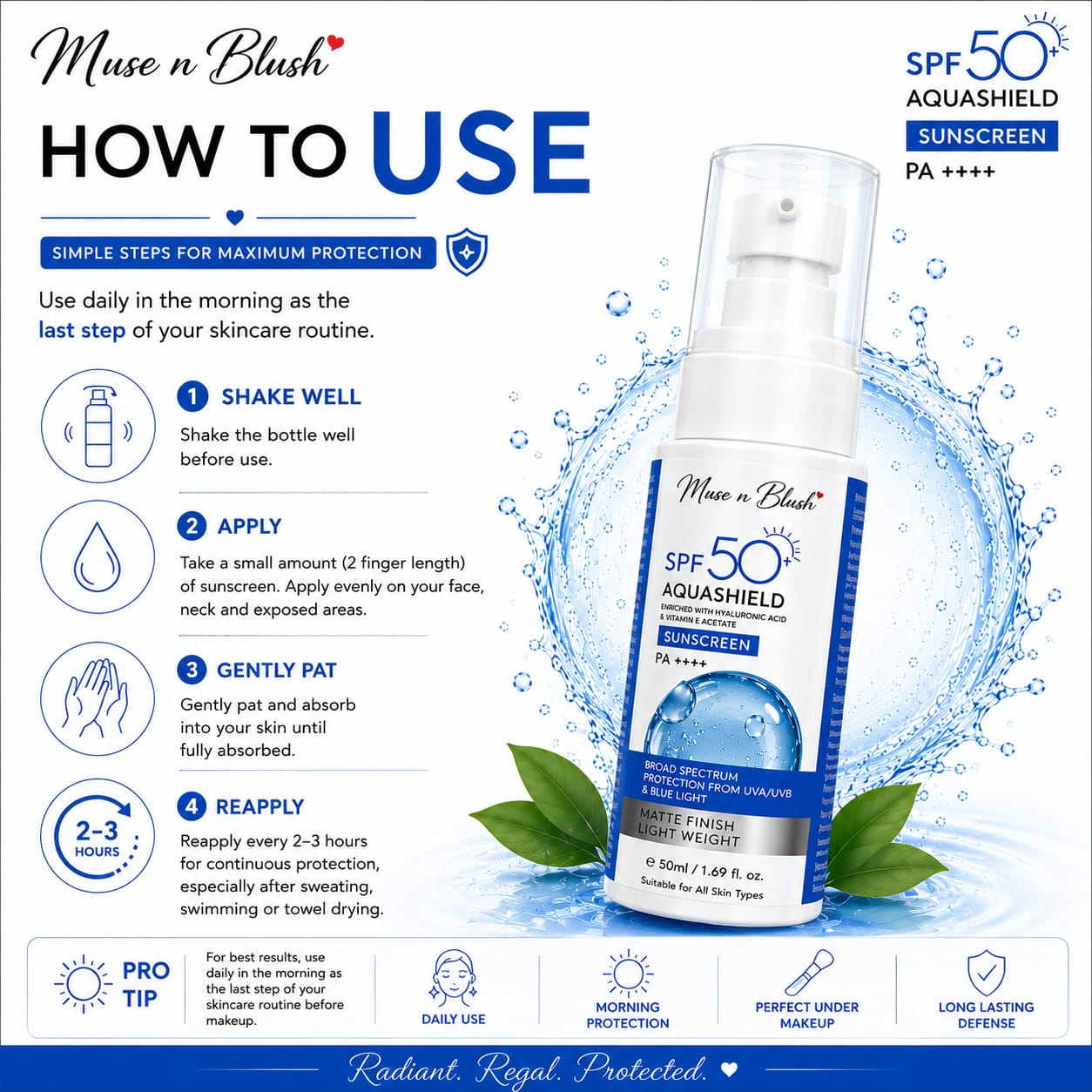 Muse n Blush SPF 50+ AquaShield Sunscreen PA++++ with Hyaluronic Acid & Vitamin E Acetate – 50 ml