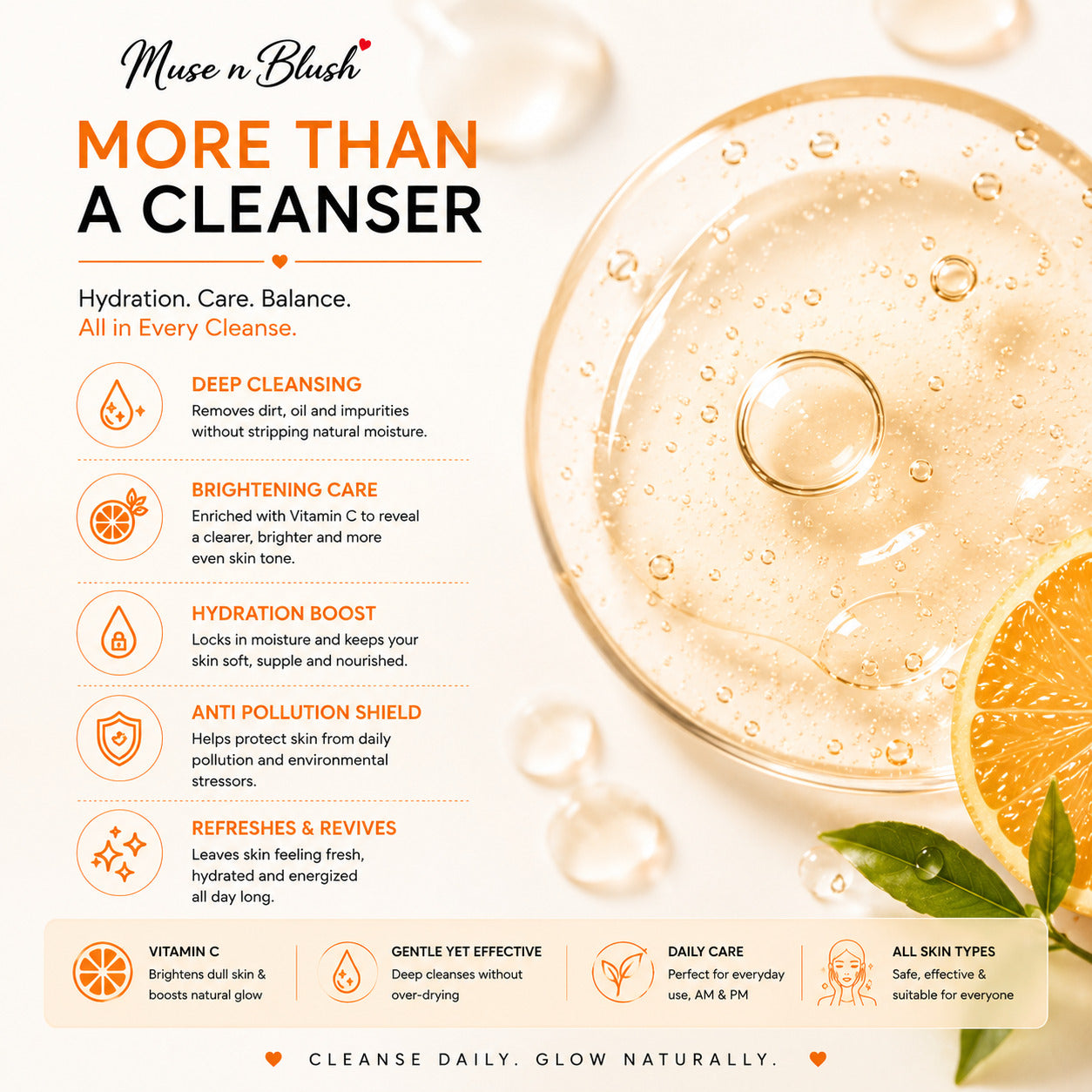 Muse n Blush Vitamin C Brightening Cleanser with Ethyl Ascorbic Acid & Licorice Root Extract - 100 ml