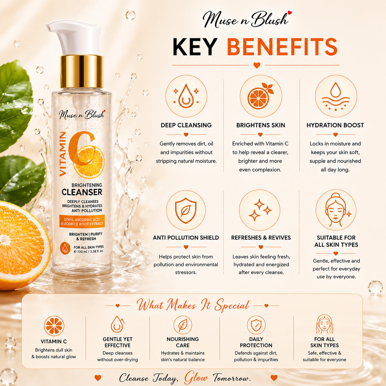 Muse n Blush Vitamin C Brightening Cleanser with Ethyl Ascorbic Acid & Licorice Root Extract - 100 ml