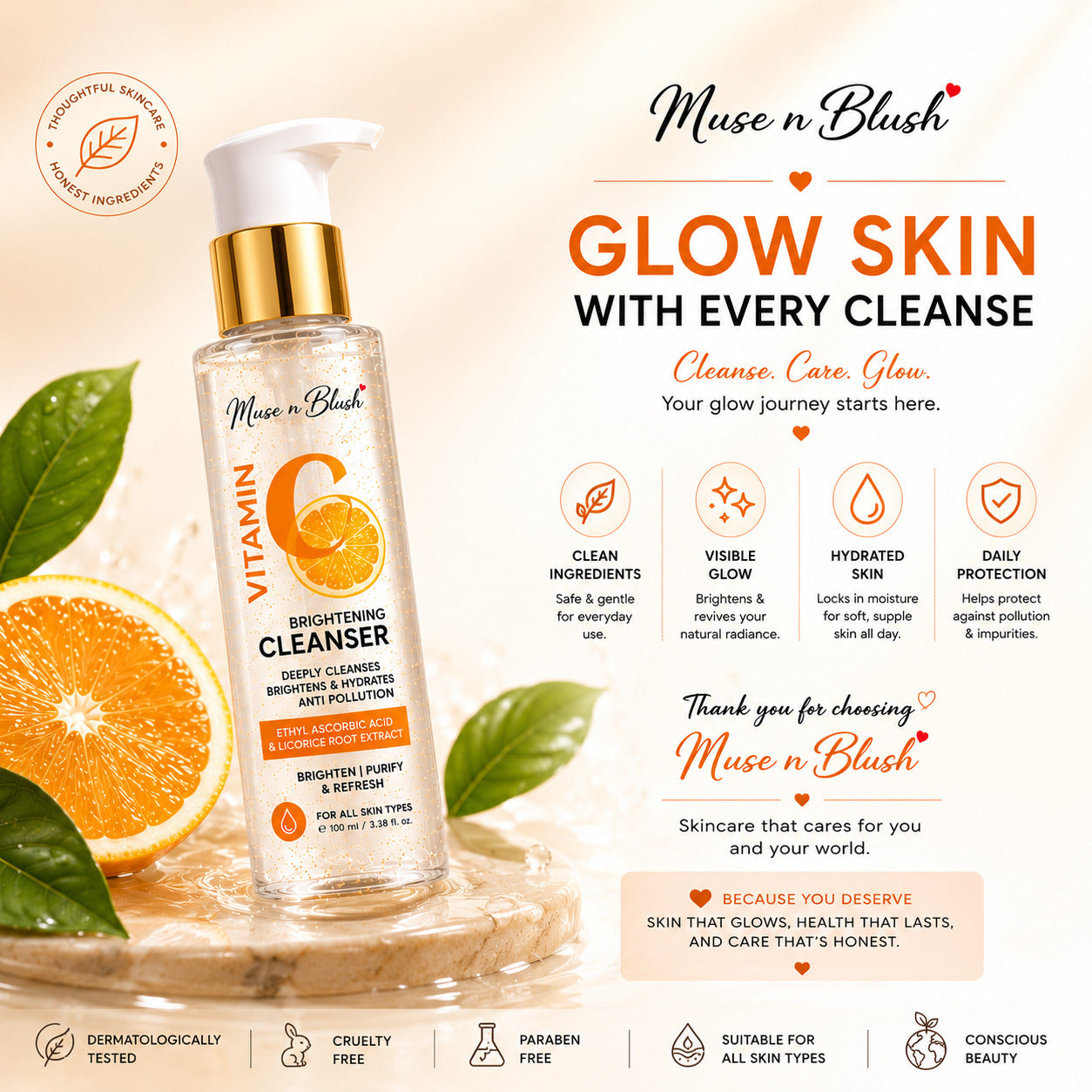 Muse n Blush Vitamin C Brightening Cleanser with Ethyl Ascorbic Acid & Licorice Root Extract - 100 ml