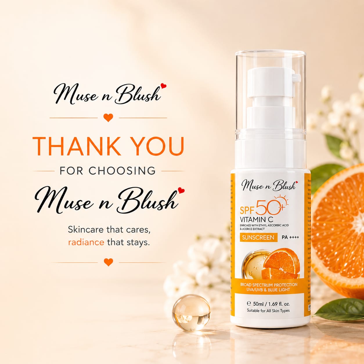Muse n Blush SPF 50+ Vitamin C Sunscreen PA++++ with Ethyl Ascorbic Acid & Licorice Extract -50 ml