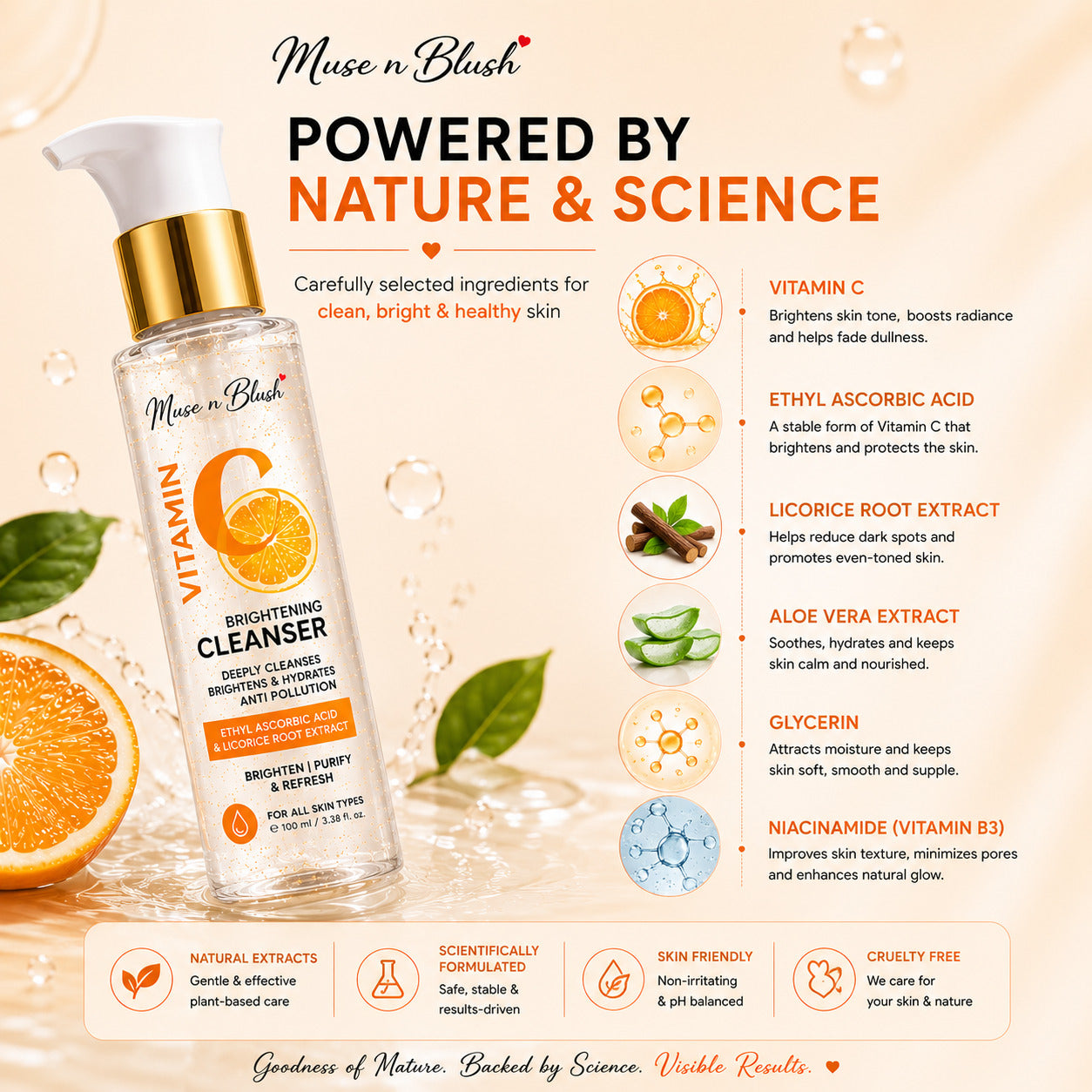 Muse n Blush Vitamin C Brightening Cleanser with Ethyl Ascorbic Acid & Licorice Root Extract - 100 ml
