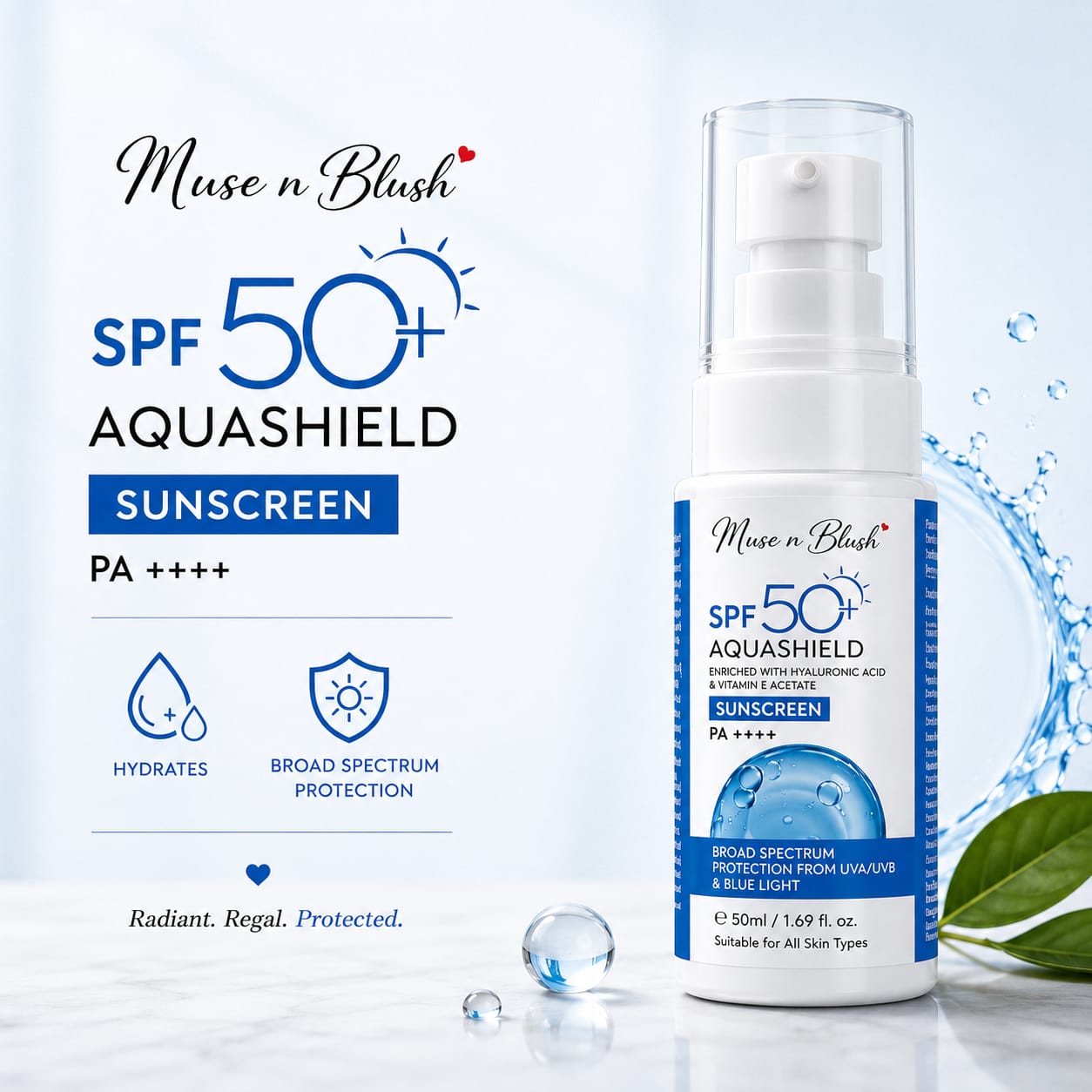 Muse n Blush SPF 50+ AquaShield Sunscreen PA++++ with Hyaluronic Acid & Vitamin E Acetate – 50 ml